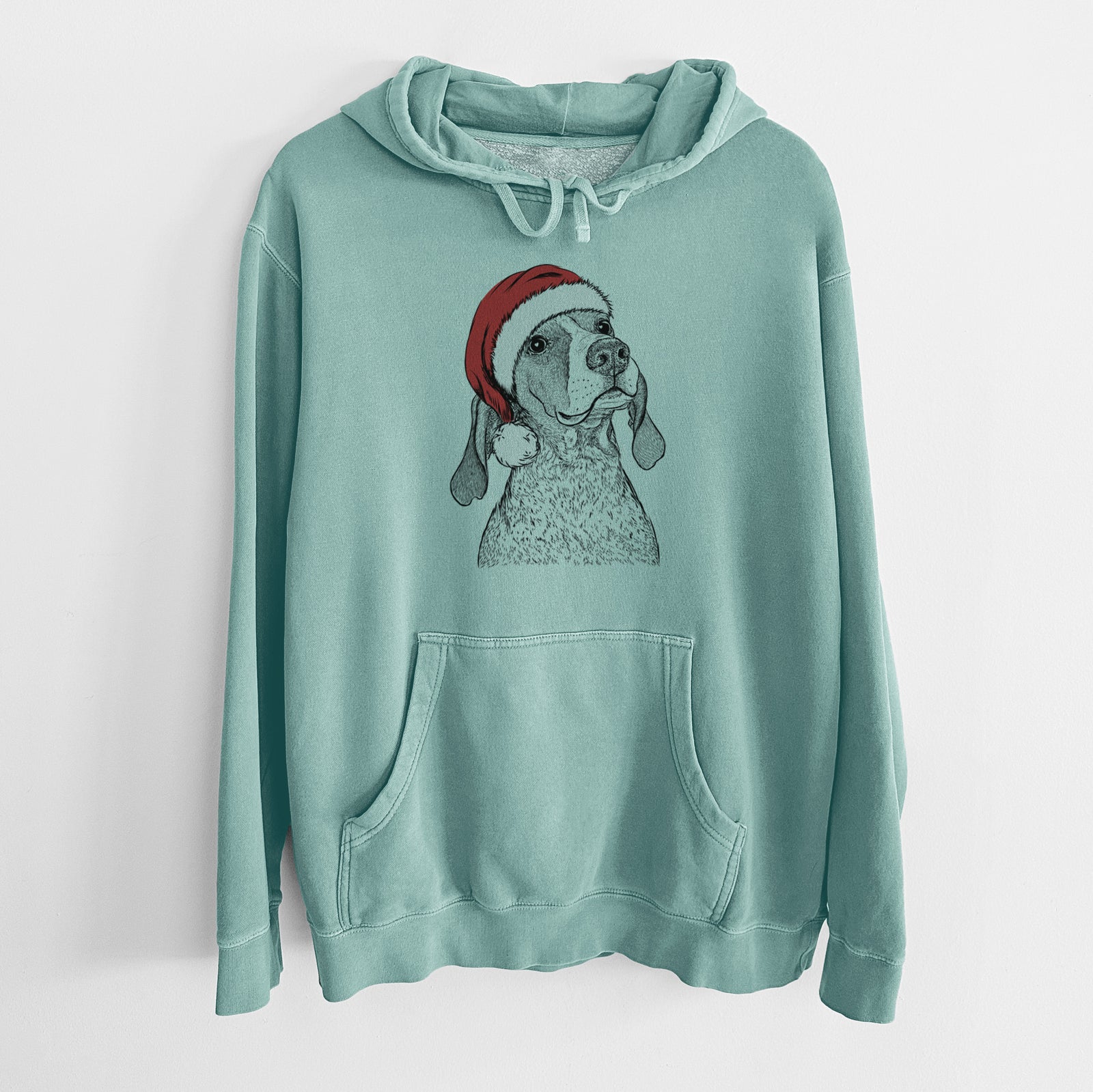 Hand-drawn sketch of Chester the Red Tick Coonhound wearing a Santa hat on a Mint Unisex pigment dyed hoodie