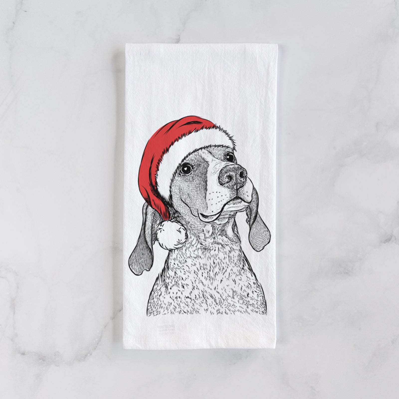 Hand-drawn sketch of Chester the Red Tick Coonhound wearing a Santa hat on a tea towel