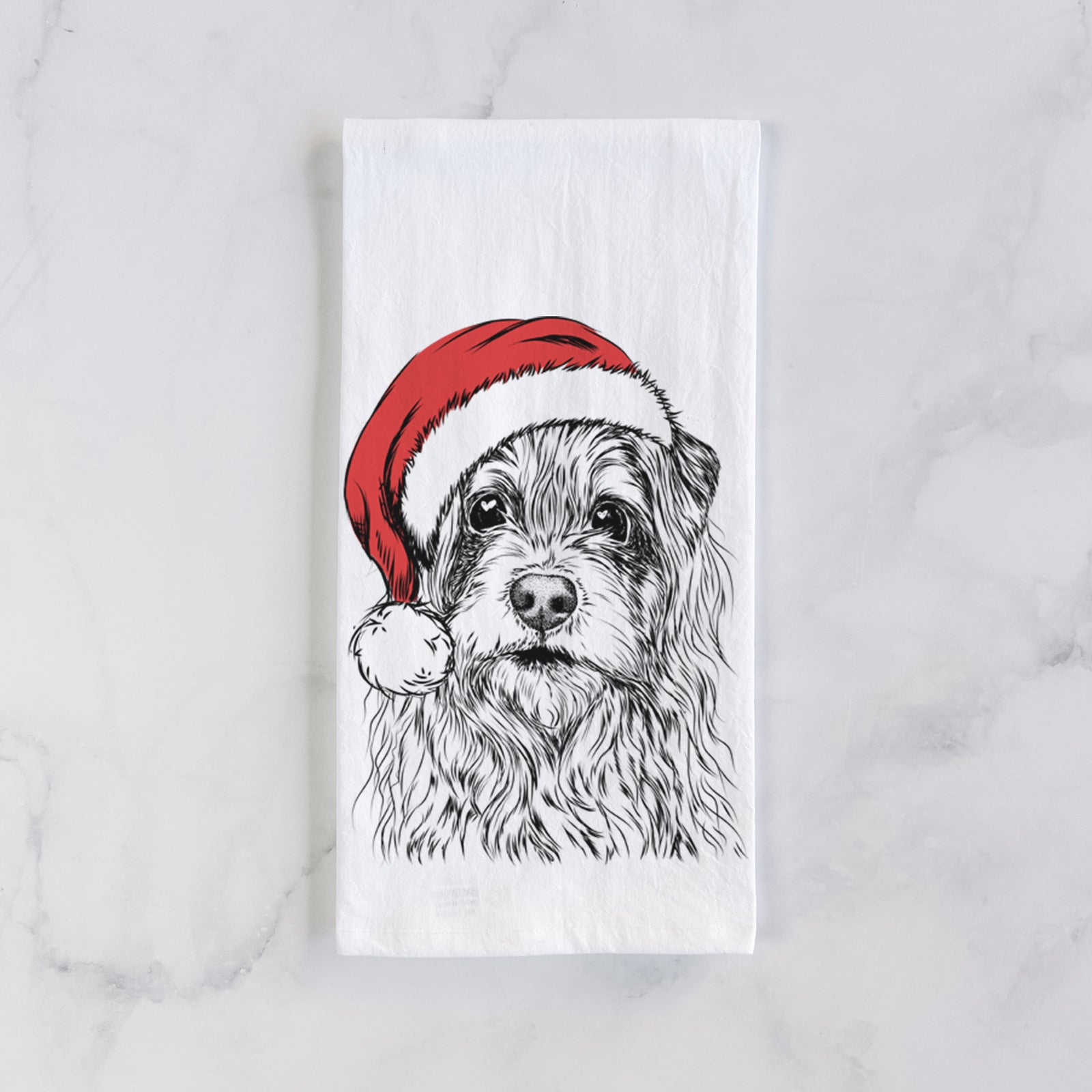 Hand-drawn sketch of Chester the Terrier Mix wearing a Santa hat on a tea towel