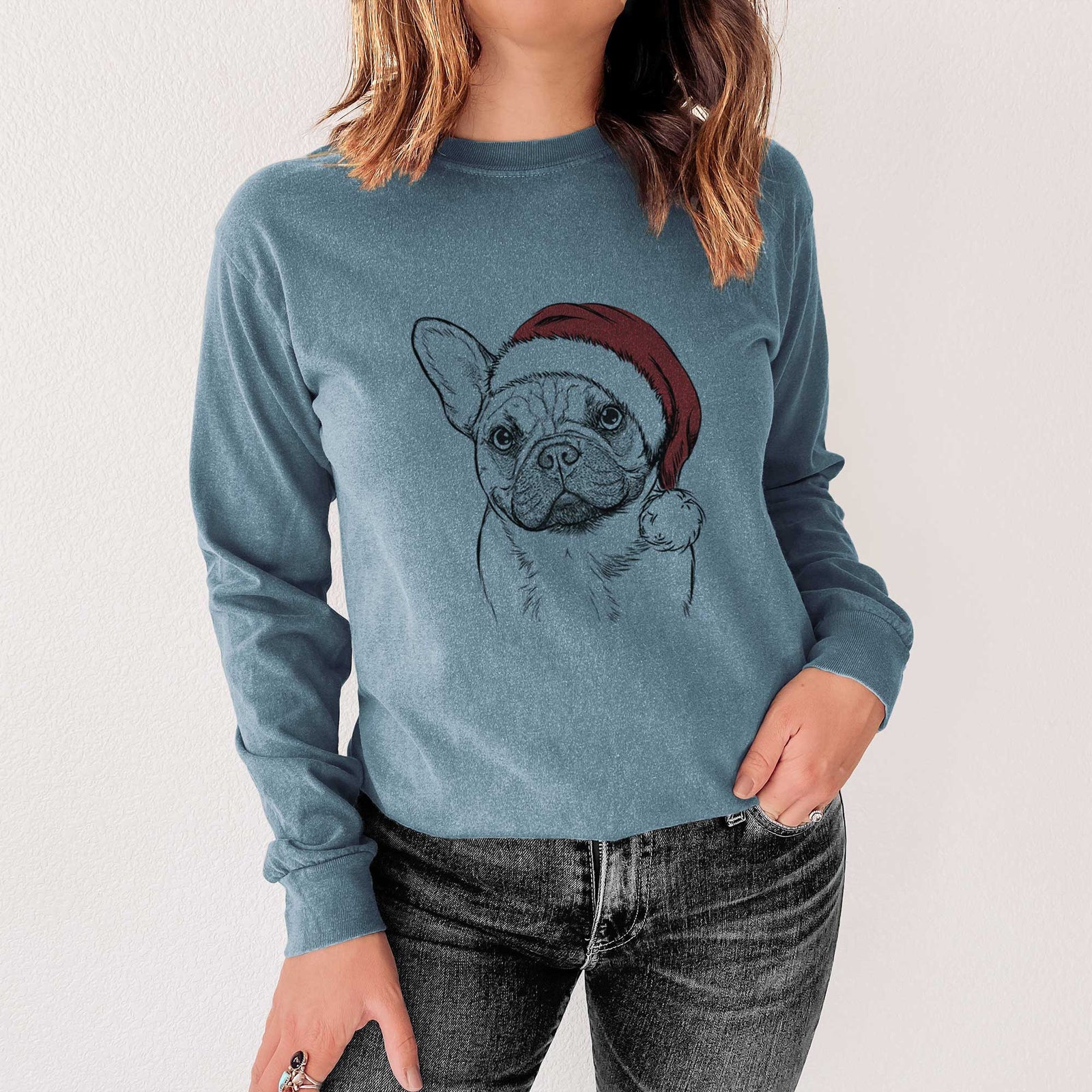 Santa Chew Chew the French Bulldog - Men's Heavyweight 100% Cotton Long Sleeve