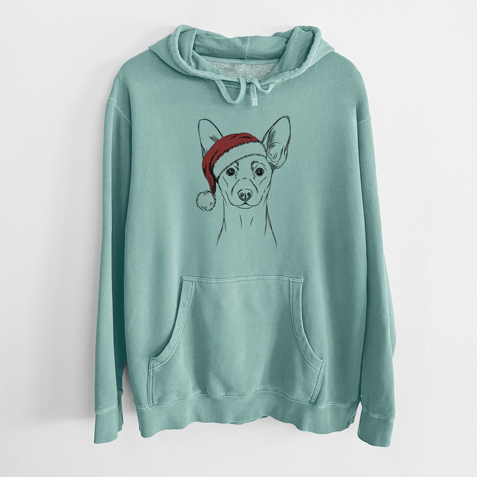 Hand-drawn sketch of Chillie the Mini Pinscher wearing a Santa hat on a Mint Unisex pigment dyed hoodie
