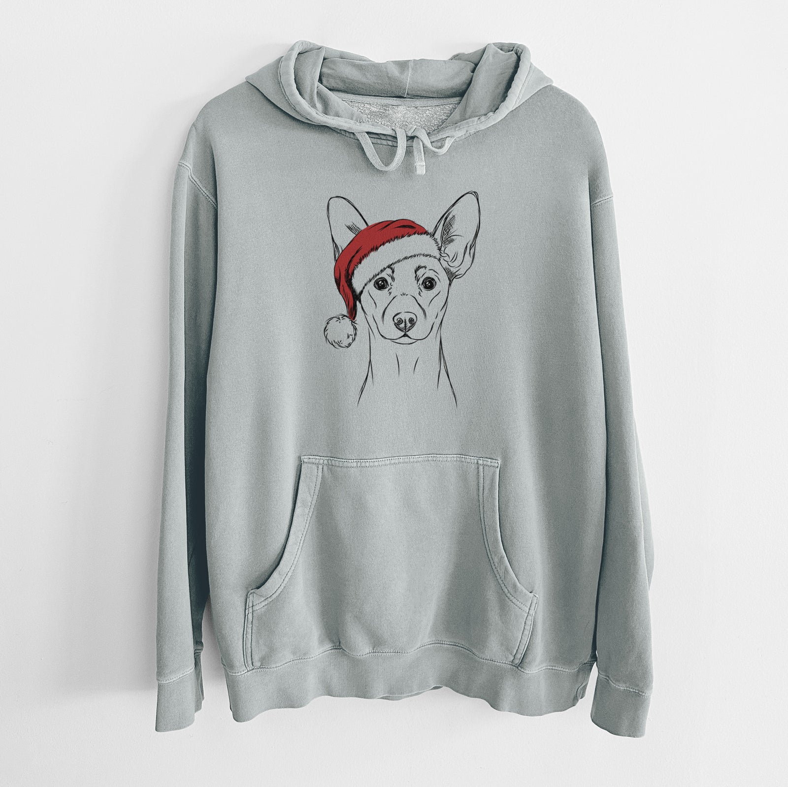Hand-drawn sketch of Chillie the Mini Pinscher wearing a Santa hat on a Sage Unisex pigment dyed hoodie