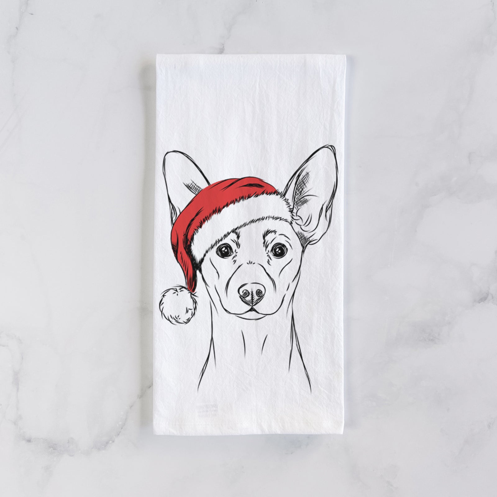 Hand-drawn sketch of Chillie the Mini Pinscher wearing a Santa hat on a tea towel