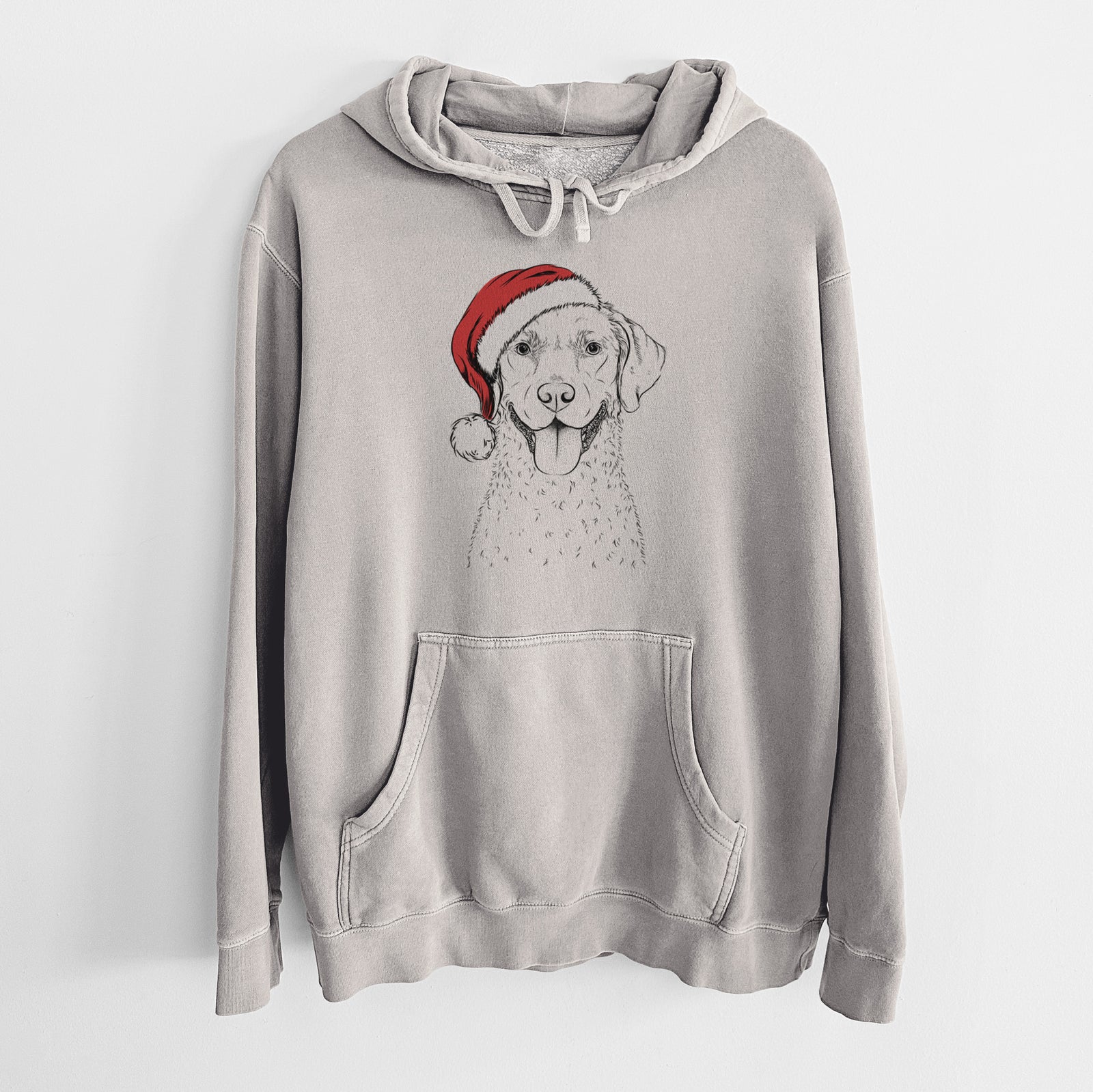 Hand-drawn sketch of Chip the Chesapeake Bay Retriever wearing a Santa hat on a Cement Unisex pigment dyed hoodie