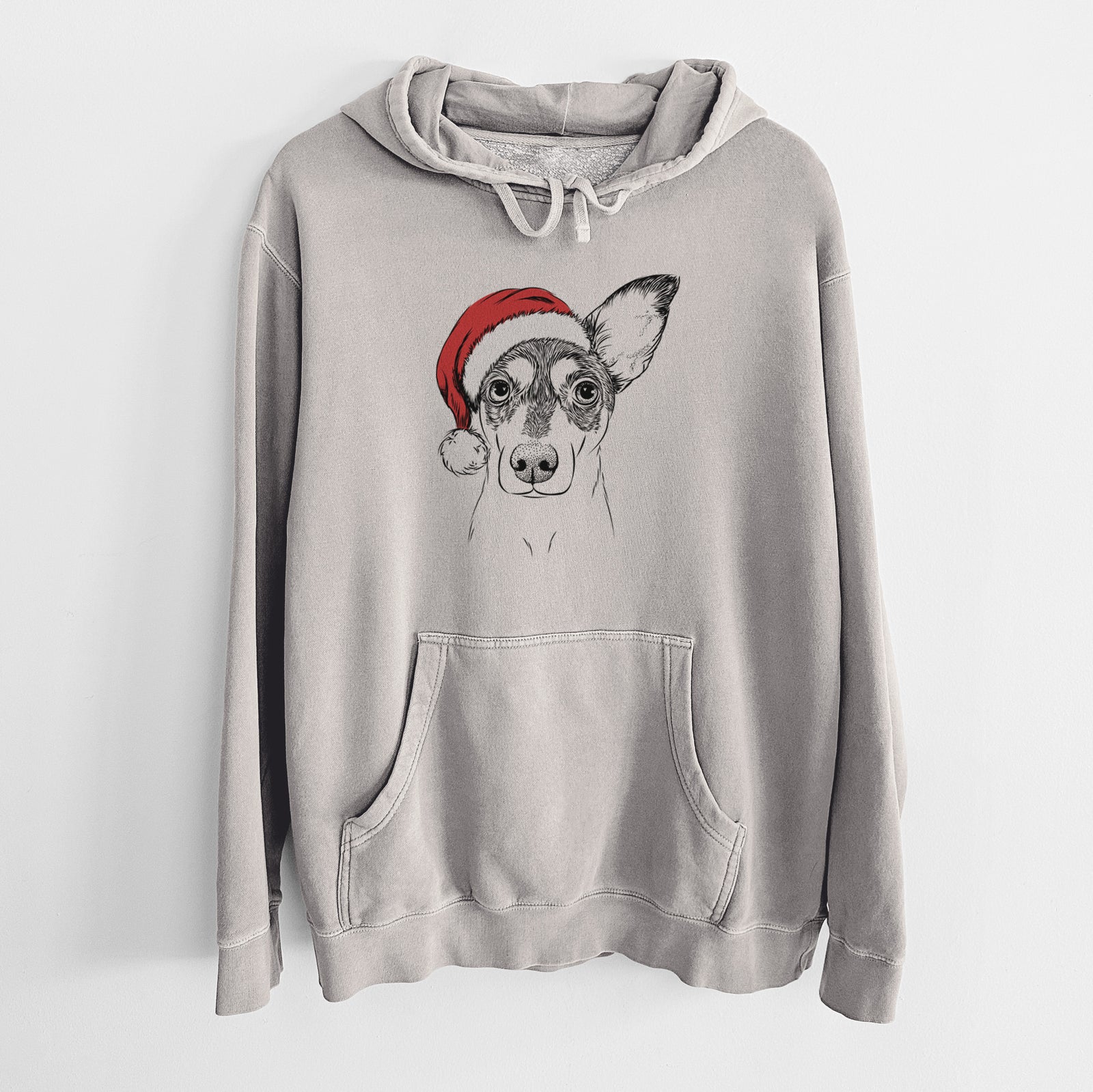 Hand-drawn sketch of Chloe the Doxie Mix wearing a Santa hat on a Cement Unisex pigment dyed hoodie