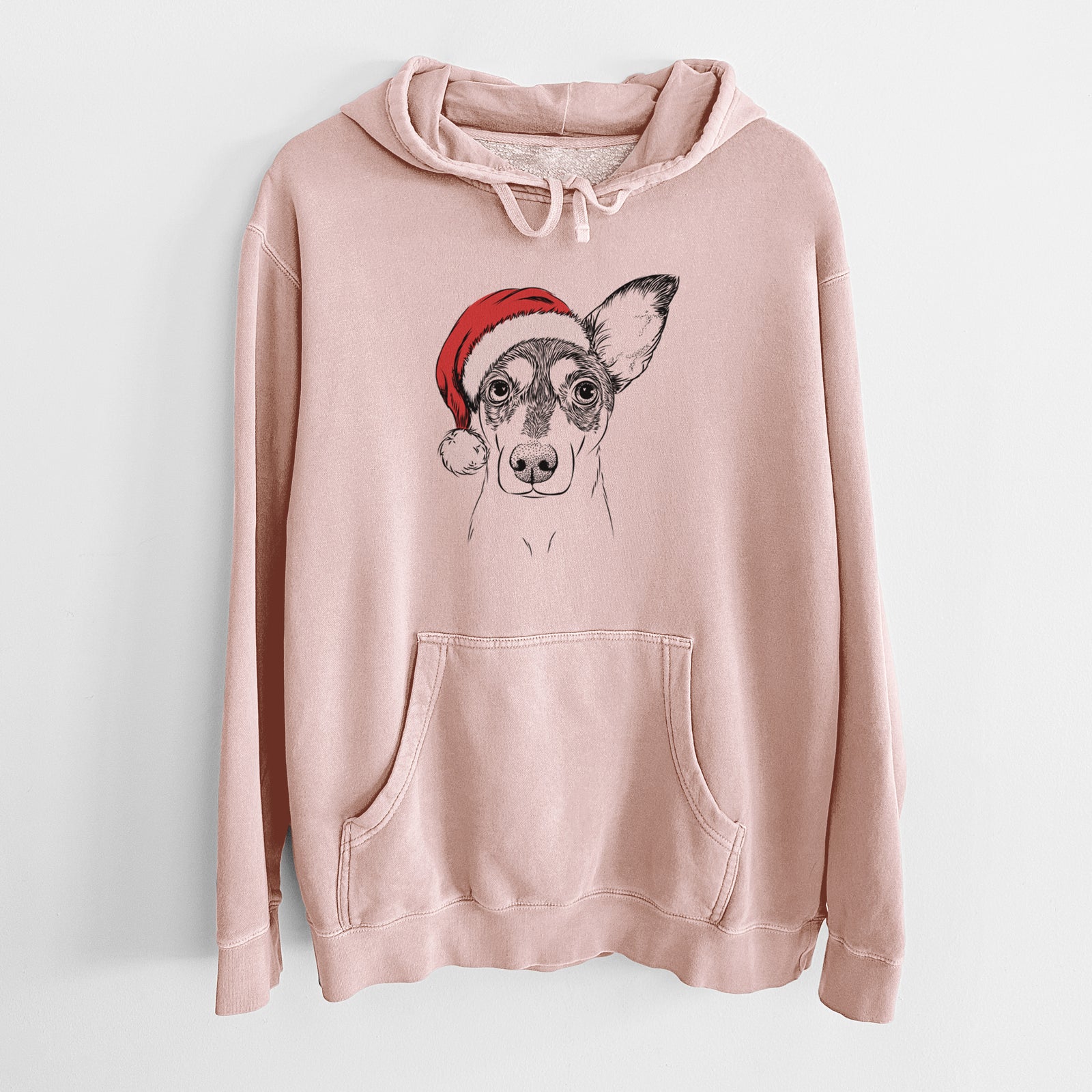Hand-drawn sketch of Chloe the Doxie Mix wearing a Santa hat on a Dusty Pink Unisex pigment dyed hoodie