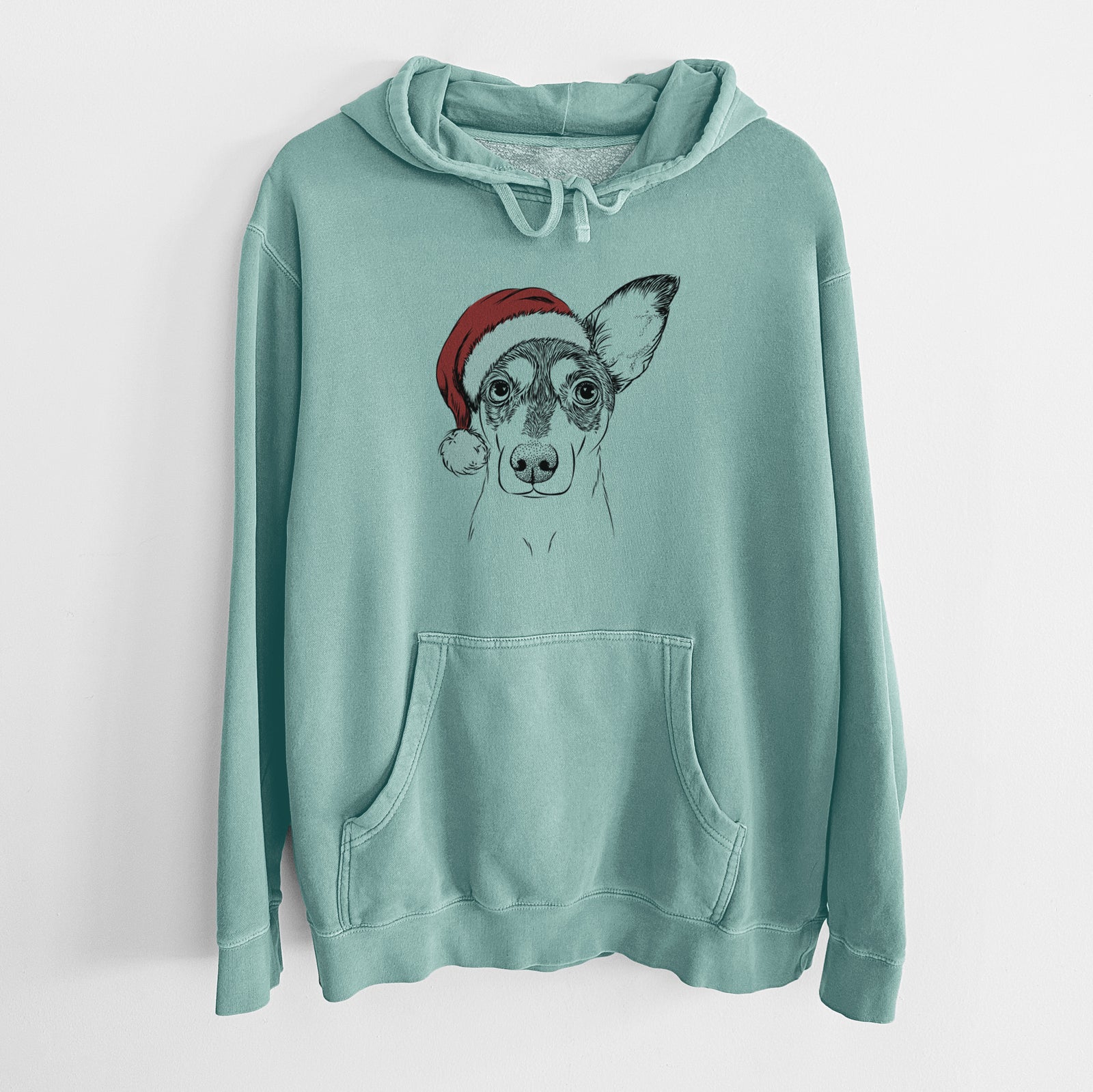 Hand-drawn sketch of Chloe the Doxie Mix wearing a Santa hat on a Mint Unisex pigment dyed hoodie