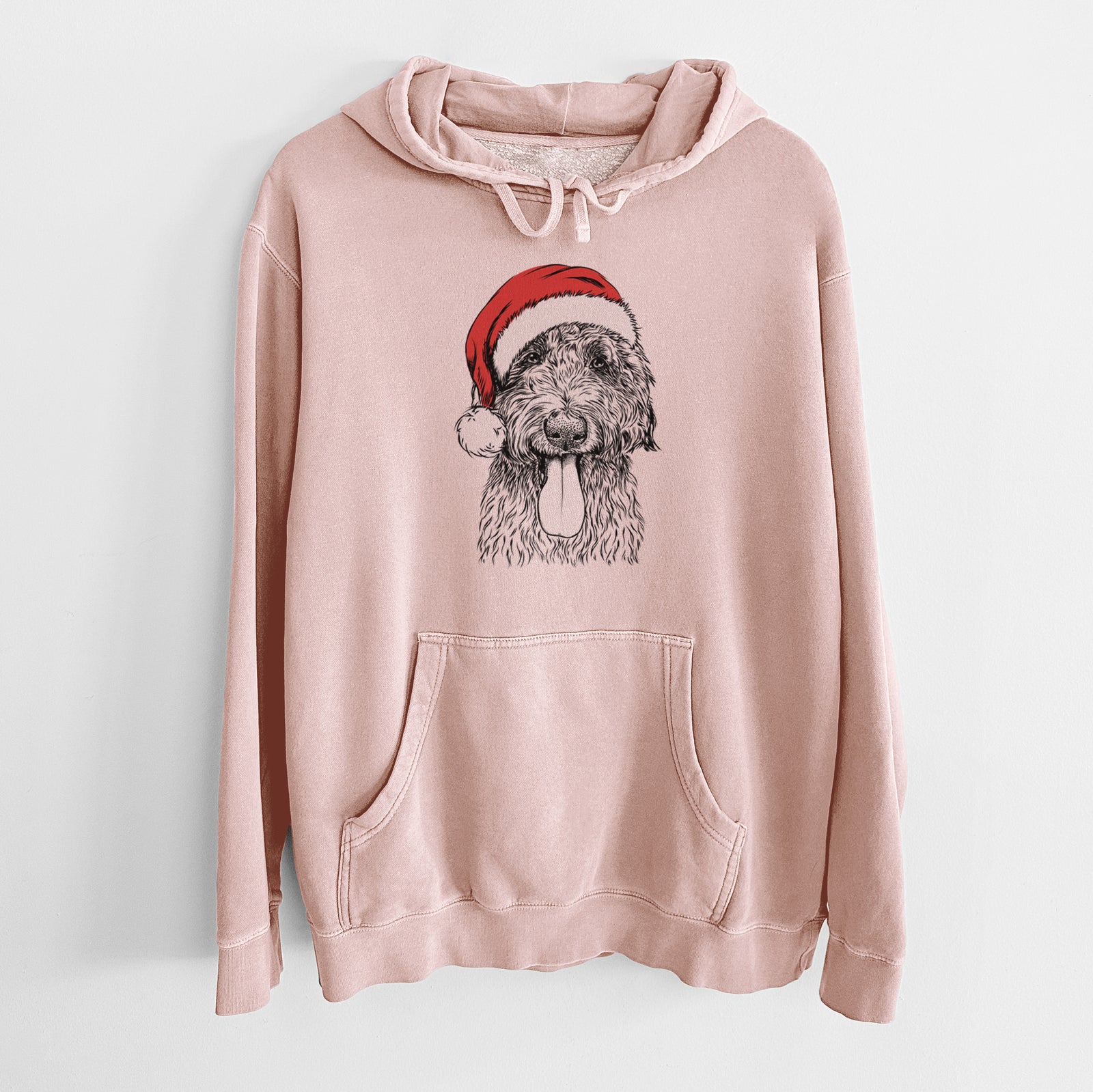 Hand-drawn sketch of CiCi Paulk the Aussiedoodle wearing a Santa hat on a Dusty Pink Unisex pigment dyed hoodie