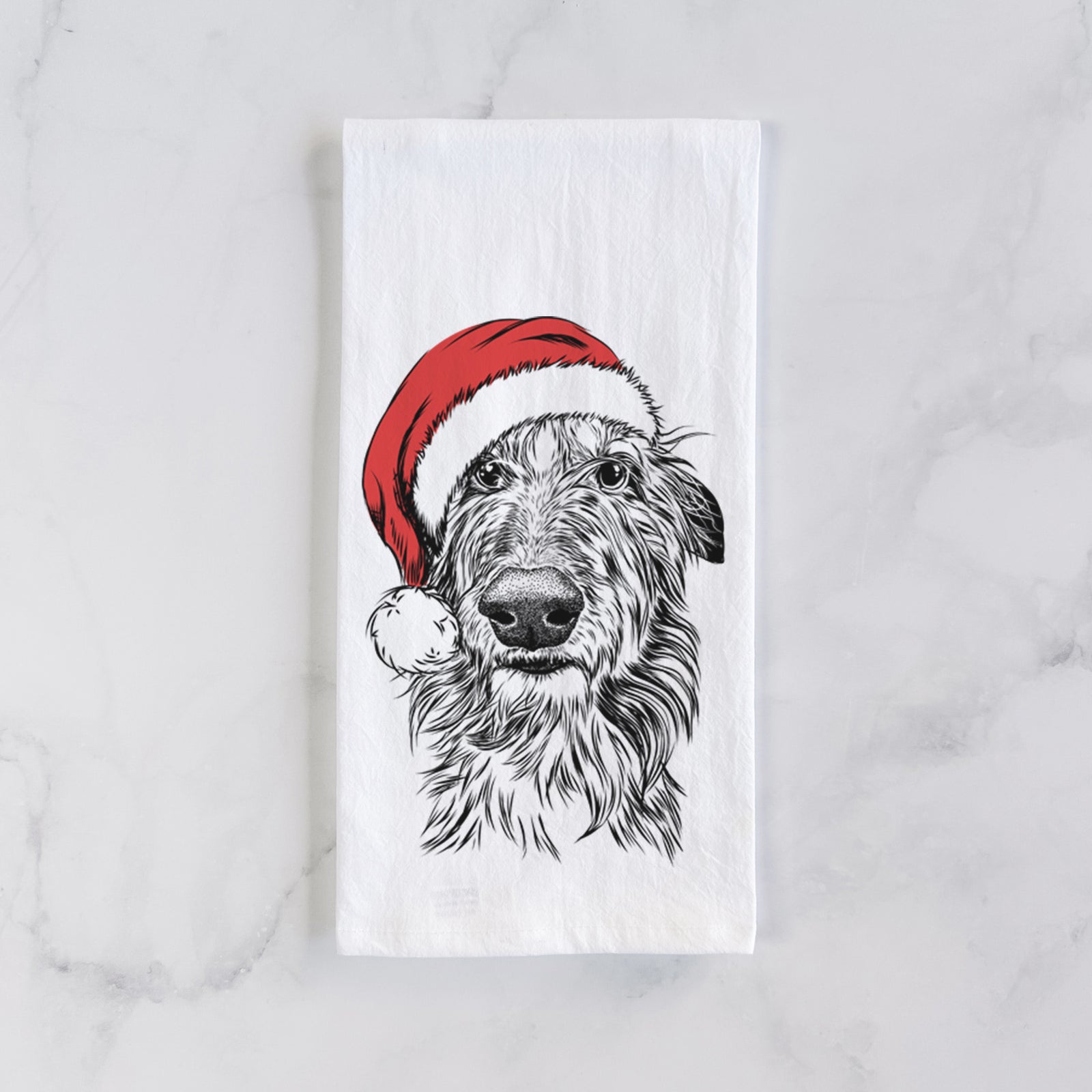 Hand-drawn sketch of Cleod the Scottish Deerhound wearing a Santa hat on a tea towel