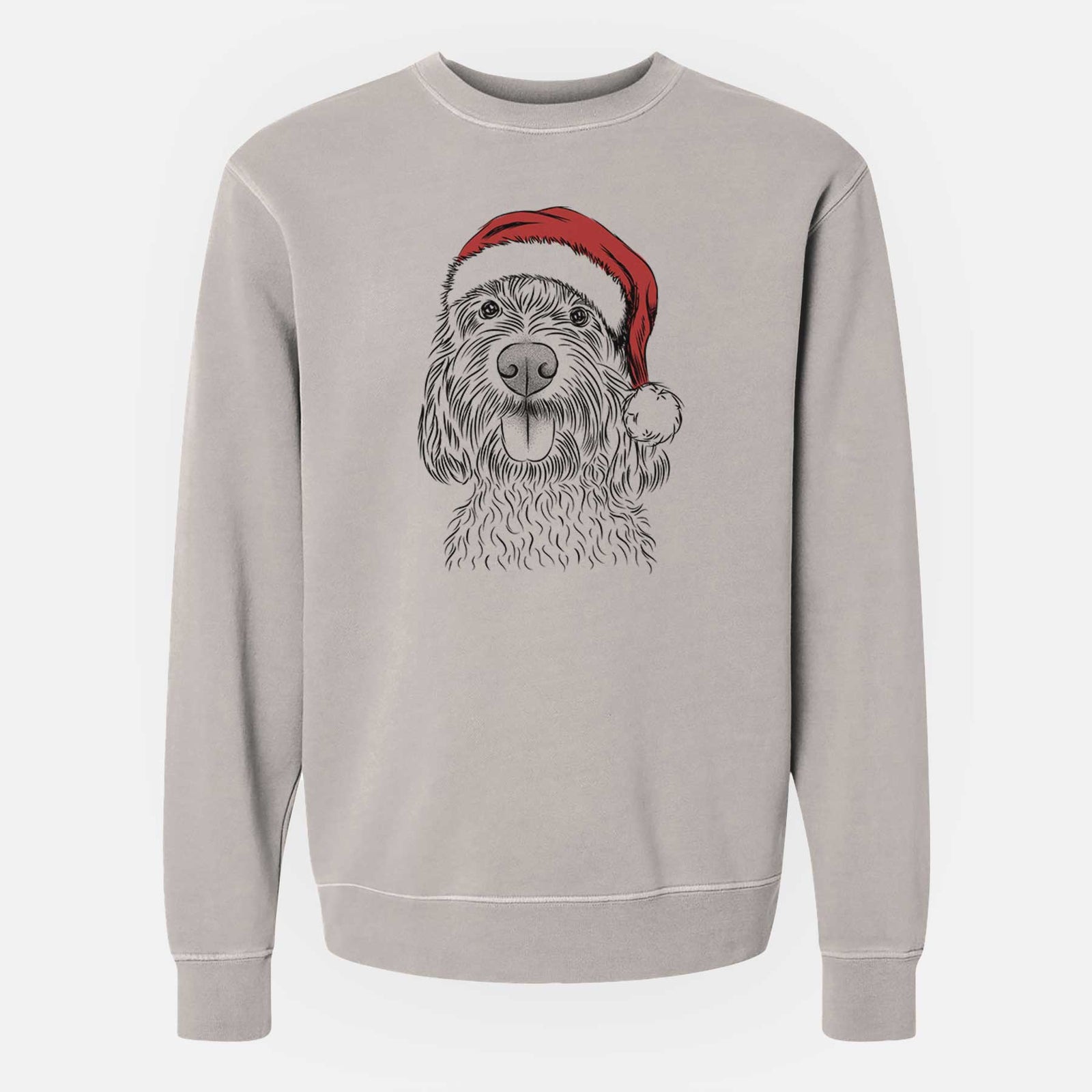 Hand-drawn sketch of Clover the Cockapoo wearing a Santa hat on a Cement Unisex pigment dyed crew sweatshirt