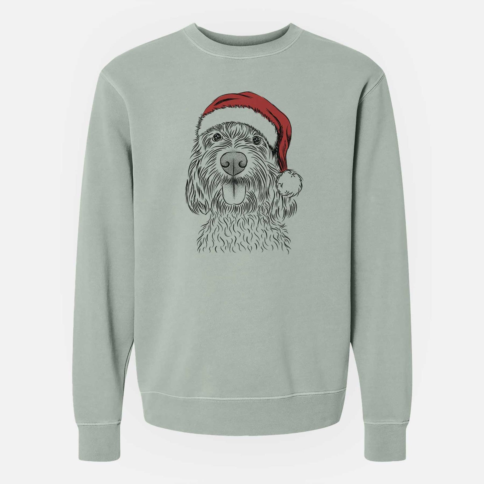 Hand-drawn sketch of Clover the Cockapoo wearing a Santa hat on a Sage Unisex pigment dyed crew sweatshirt