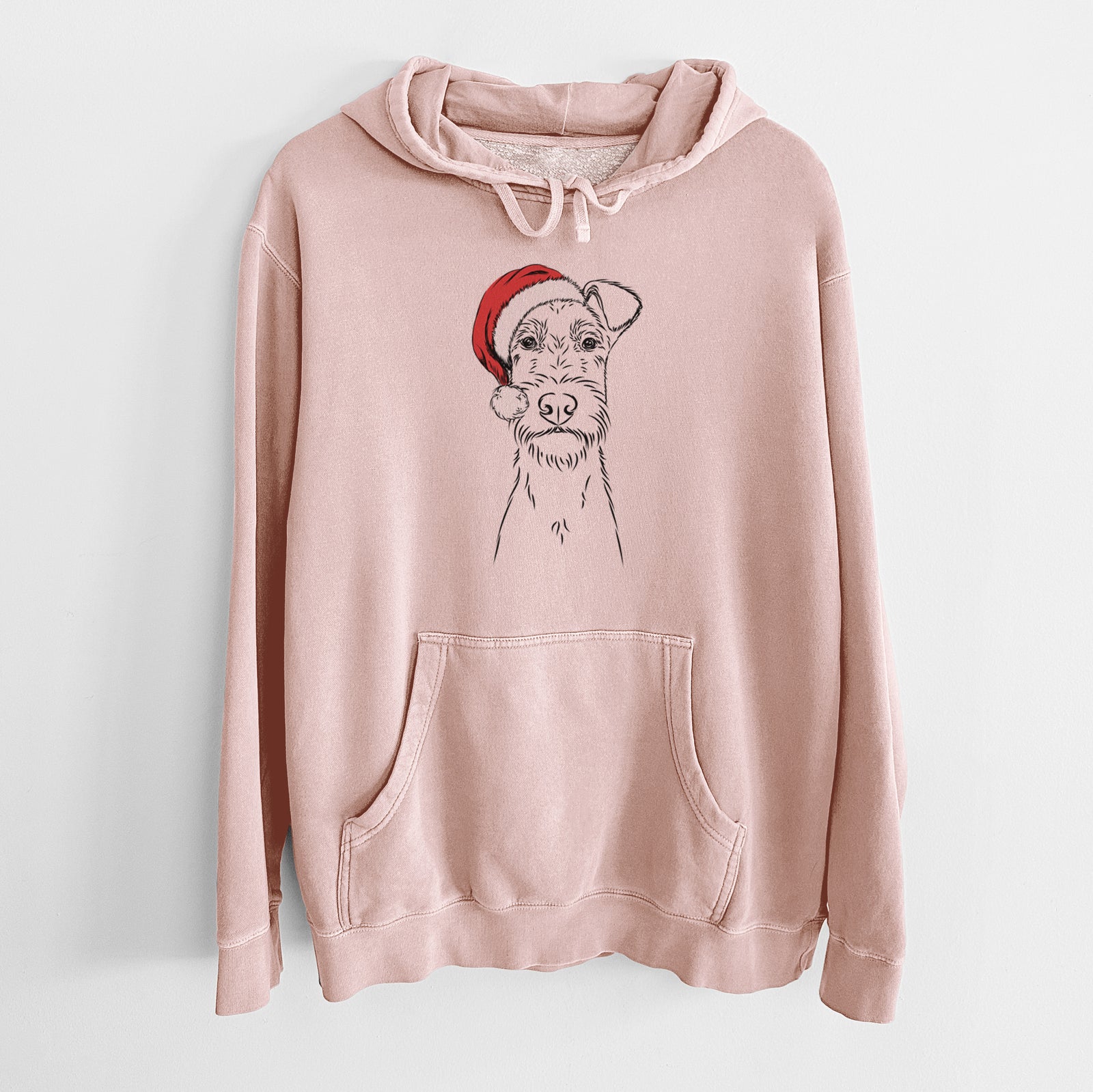 Hand-drawn sketch of Connor the Irish Terrier wearing a Santa hat on a Dusty Pink Unisex pigment dyed hoodie