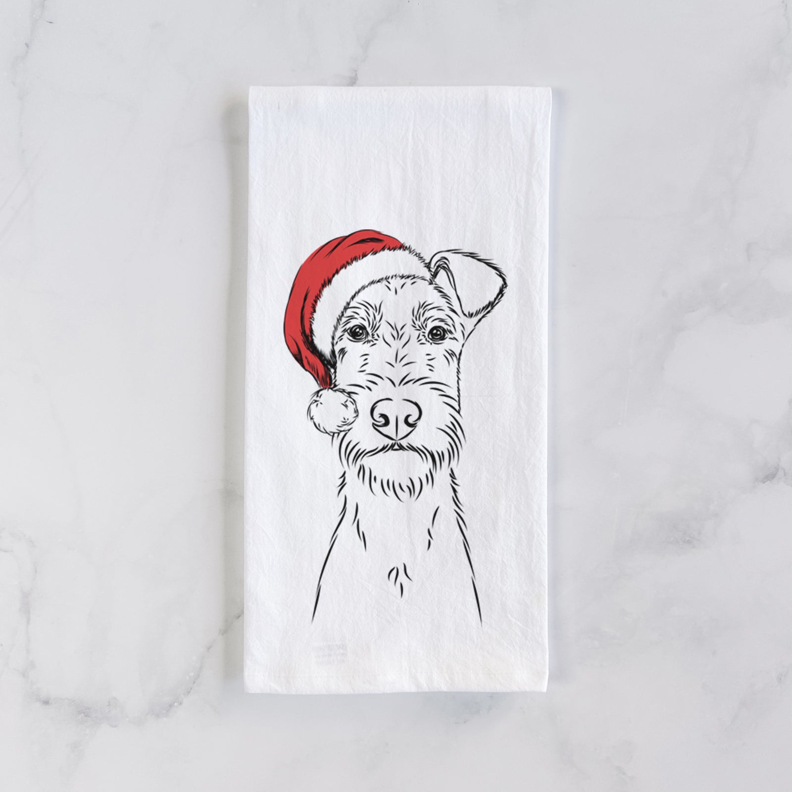 Hand-drawn sketch of Connor the Irish Terrier wearing a Santa hat on a tea towel