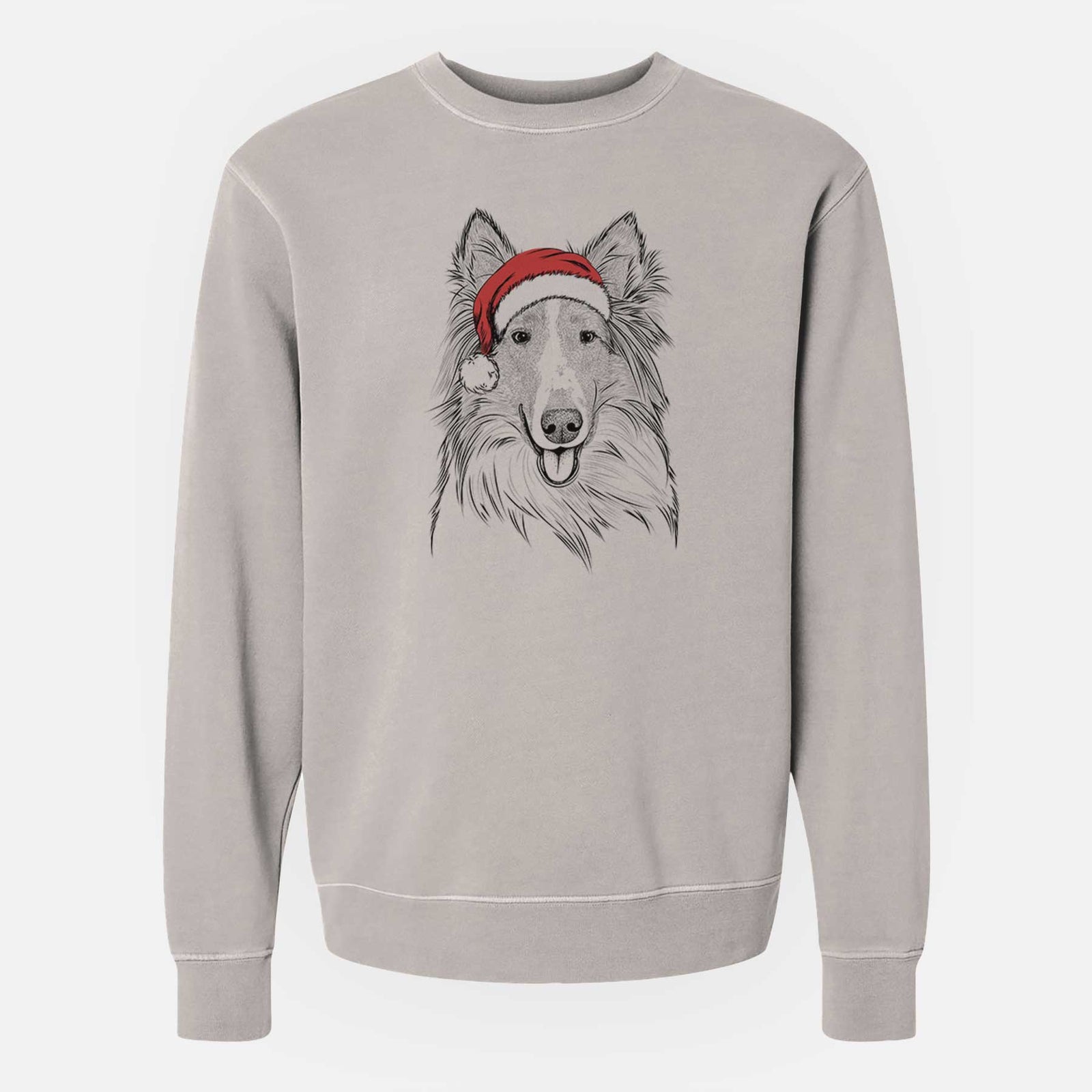 Hand-drawn sketch of Conrad the Rough Collie wearing a Santa hat on a Cement Unisex pigment dyed crew sweatshirt