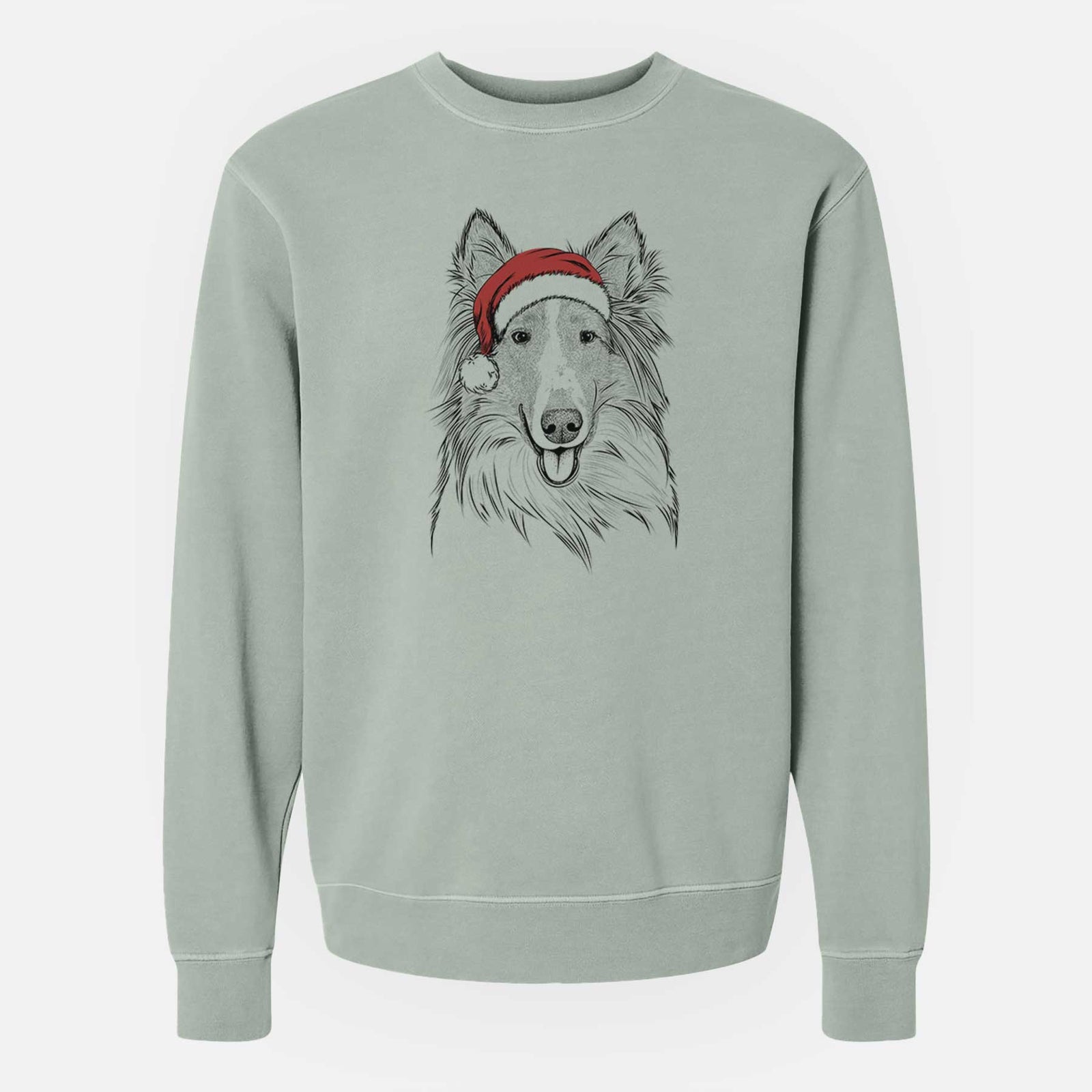 Hand-drawn sketch of Conrad the Rough Collie wearing a Santa hat on a Sage Unisex pigment dyed crew sweatshirt