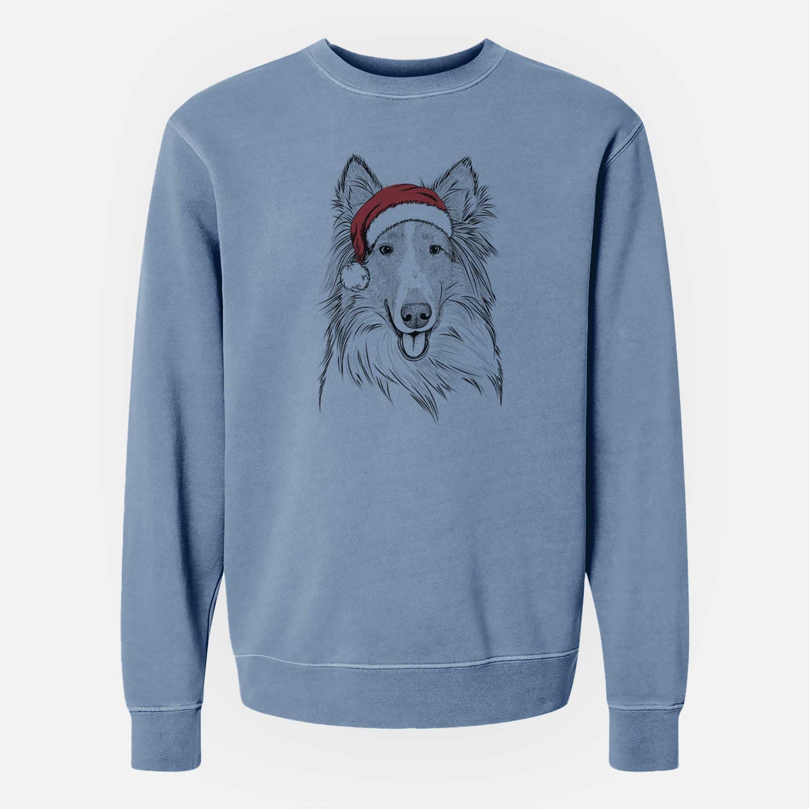 Hand-drawn sketch of Conrad the Rough Collie wearing a Santa hat on a Slate Blue Unisex pigment dyed crew sweatshirt