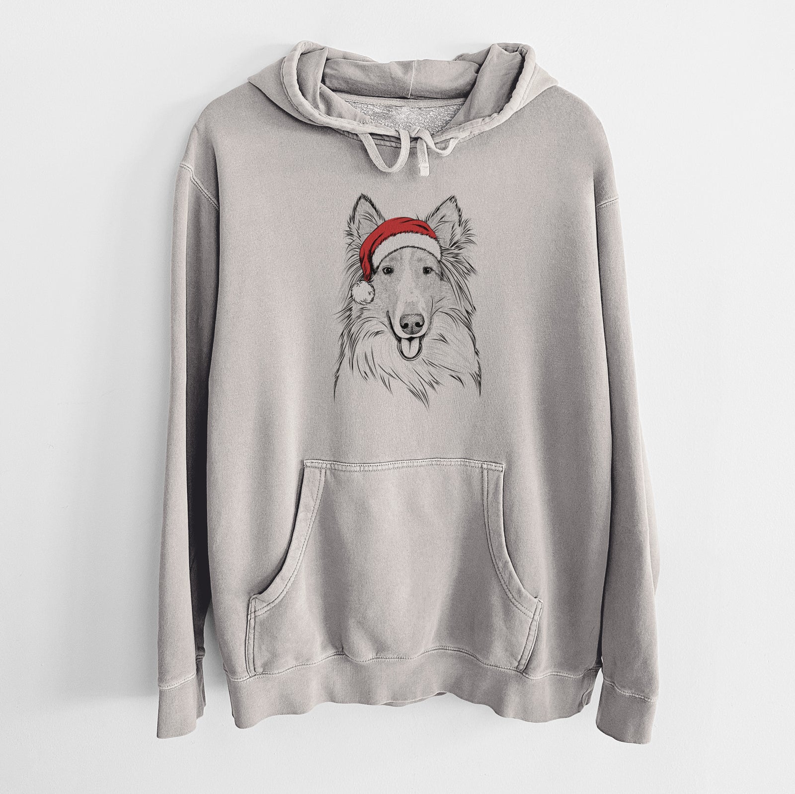 Hand-drawn sketch of Conrad the Rough Collie wearing a Santa hat on a Cement Unisex pigment dyed hoodie