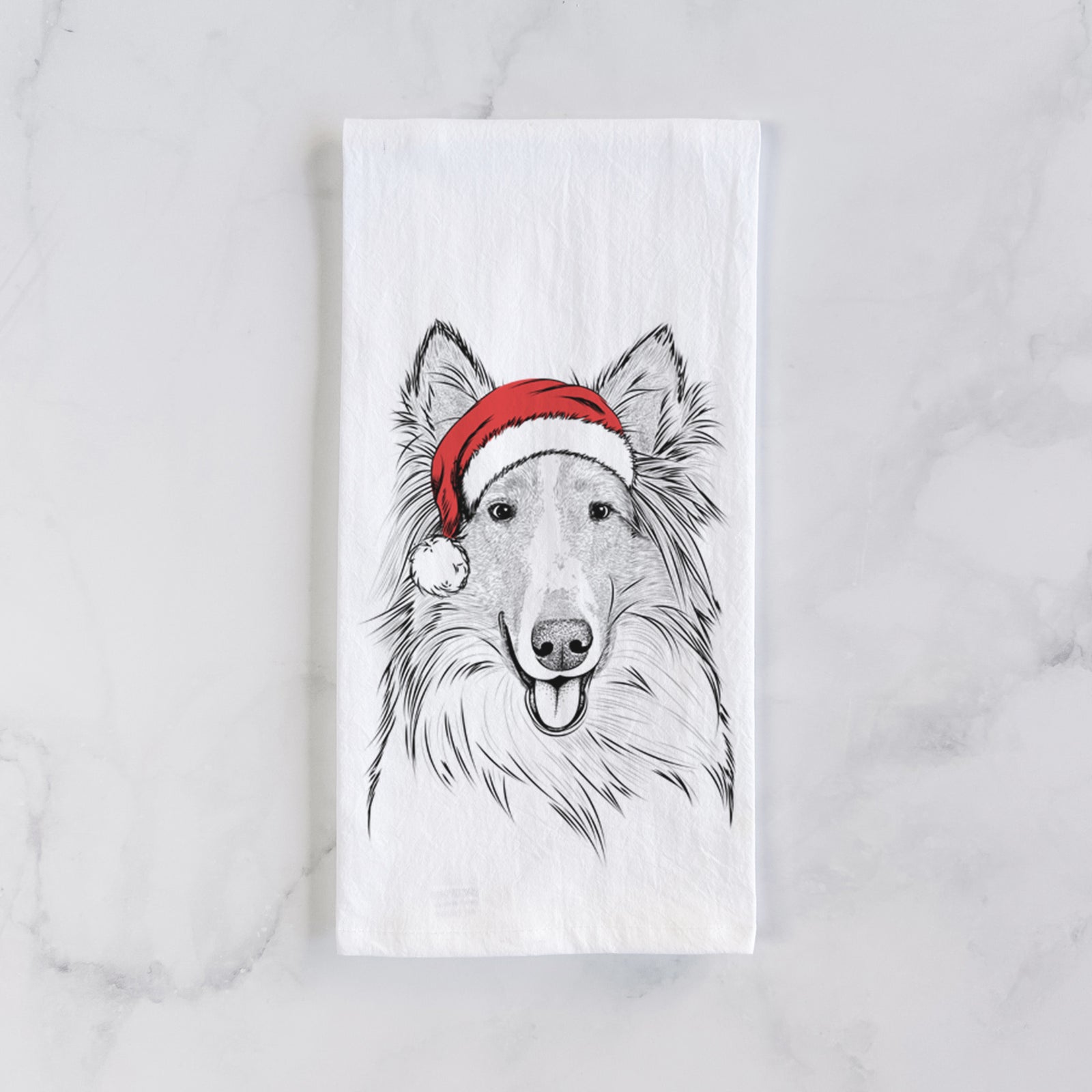 Hand-drawn sketch of Conrad the Rough Collie wearing a Santa hat on a tea towel
