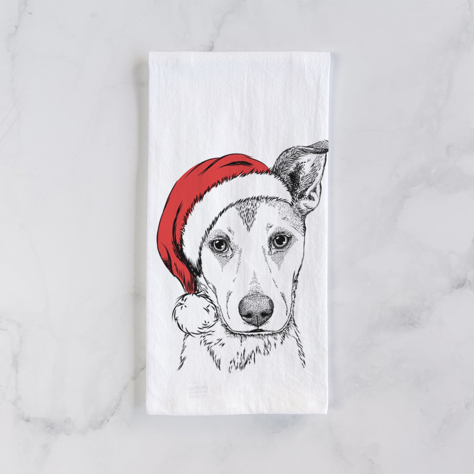 Hand-drawn sketch of Coral the Mixed Breed wearing a Santa hat on a tea towel