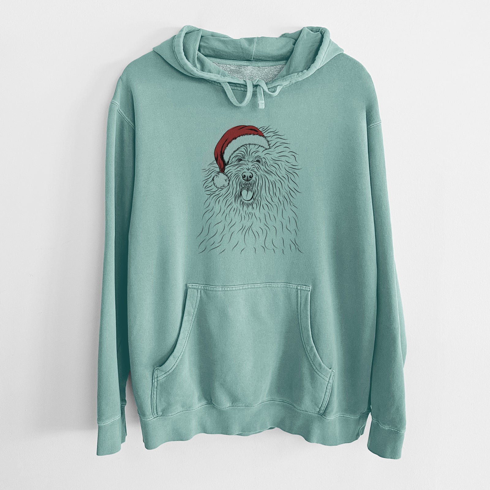 Hand-drawn sketch of Cozie the Old English Sheepdog wearing a Santa hat on a Mint Unisex pigment dyed hoodie
