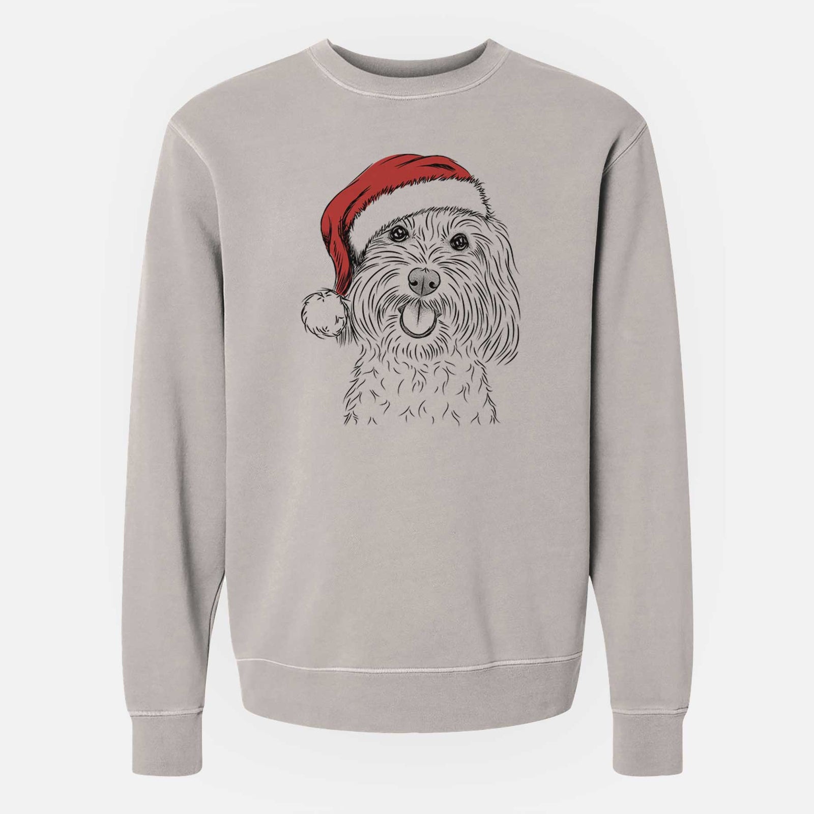 Hand-drawn sketch of Cuddles the Coton de Tulear wearing a Santa hat on a Cement Unisex pigment dyed crew sweatshirt