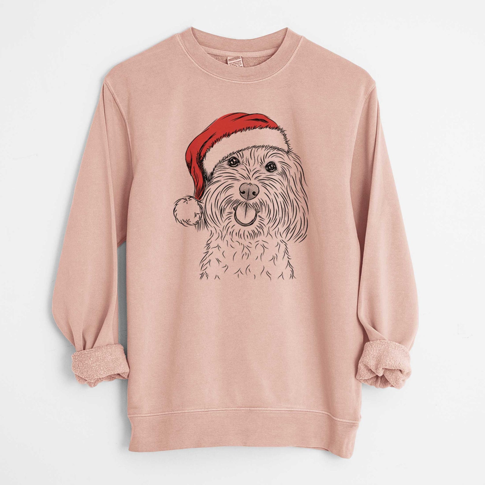Hand-drawn sketch of Cuddles the Coton de Tulear wearing a Santa hat on a Dusty Pink Unisex pigment dyed crew sweatshirt