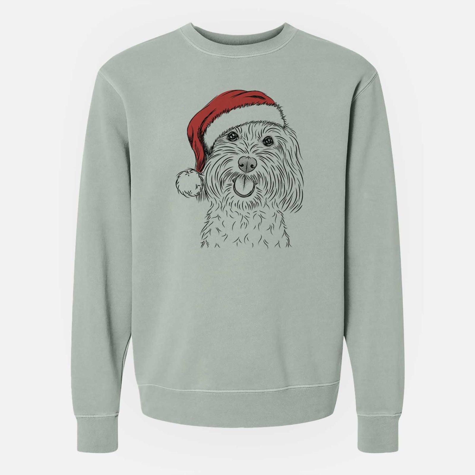 Hand-drawn sketch of Cuddles the Coton de Tulear wearing a Santa hat on a Sage Unisex pigment dyed crew sweatshirt