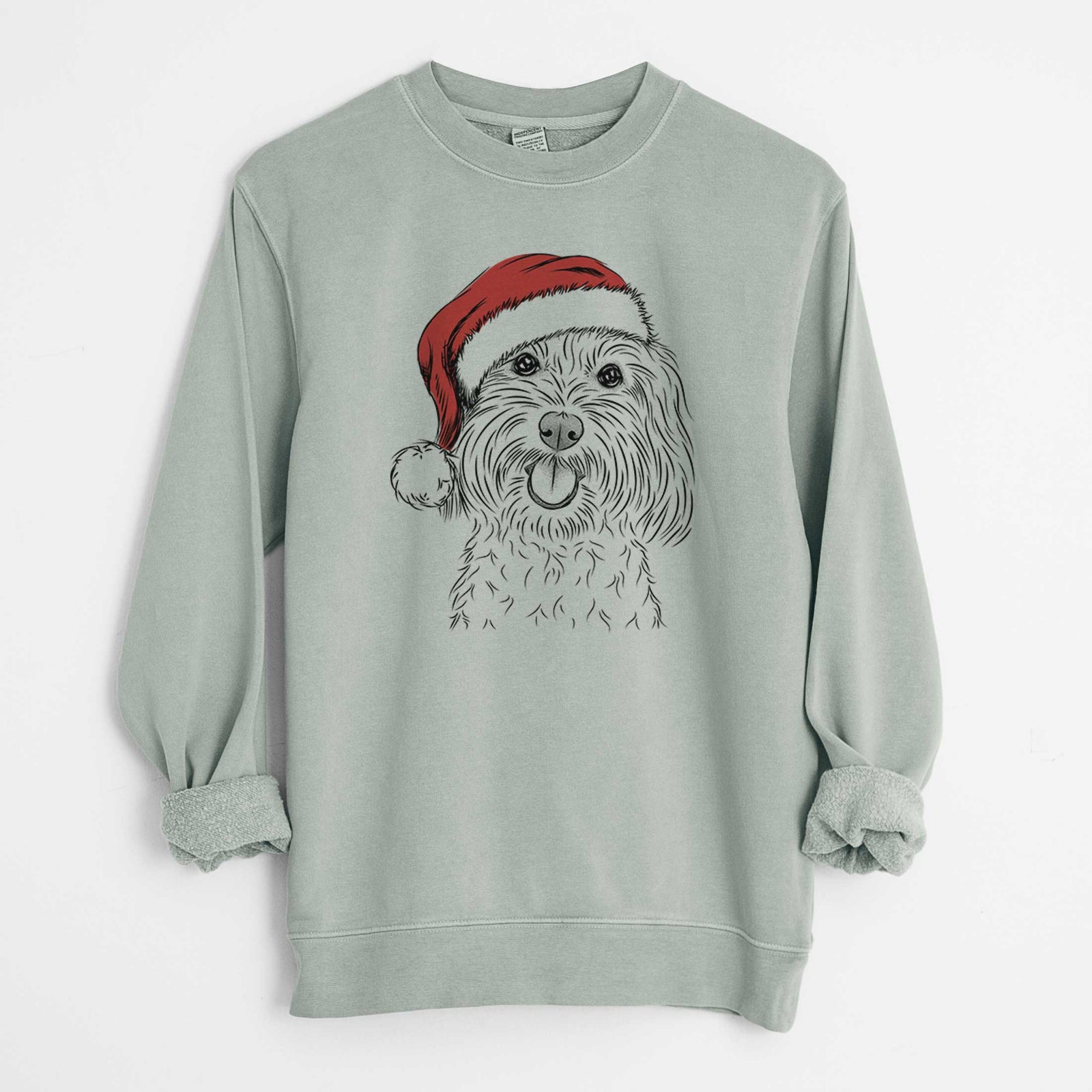 Hand-drawn sketch of Cuddles the Coton de Tulear wearing a Santa hat on a Sage Unisex pigment dyed crew sweatshirt