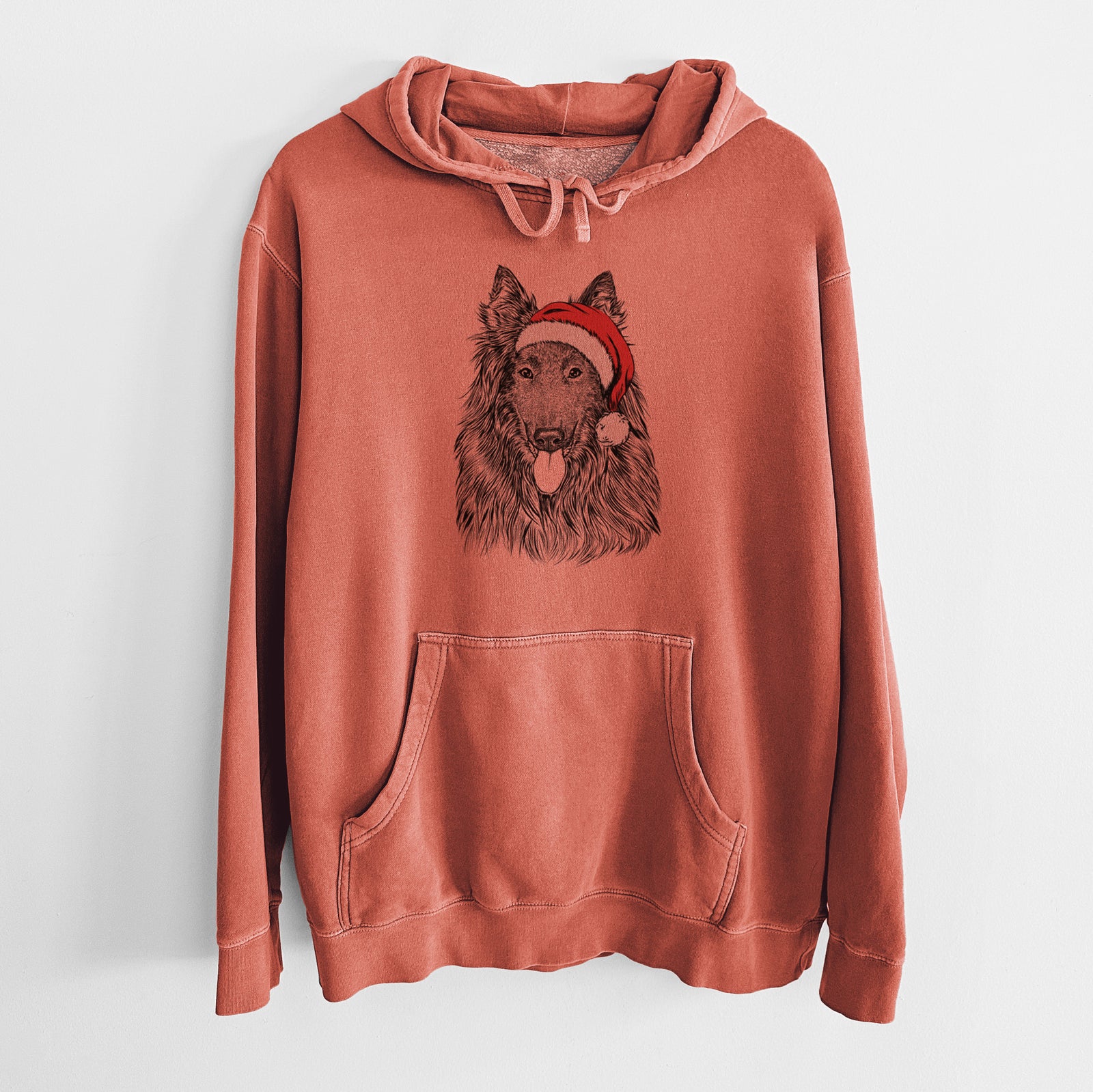 Hand-drawn sketch of Daan the Belgian Shepherd wearing a Santa hat on an Amber Unisex pigment dyed hoodie
