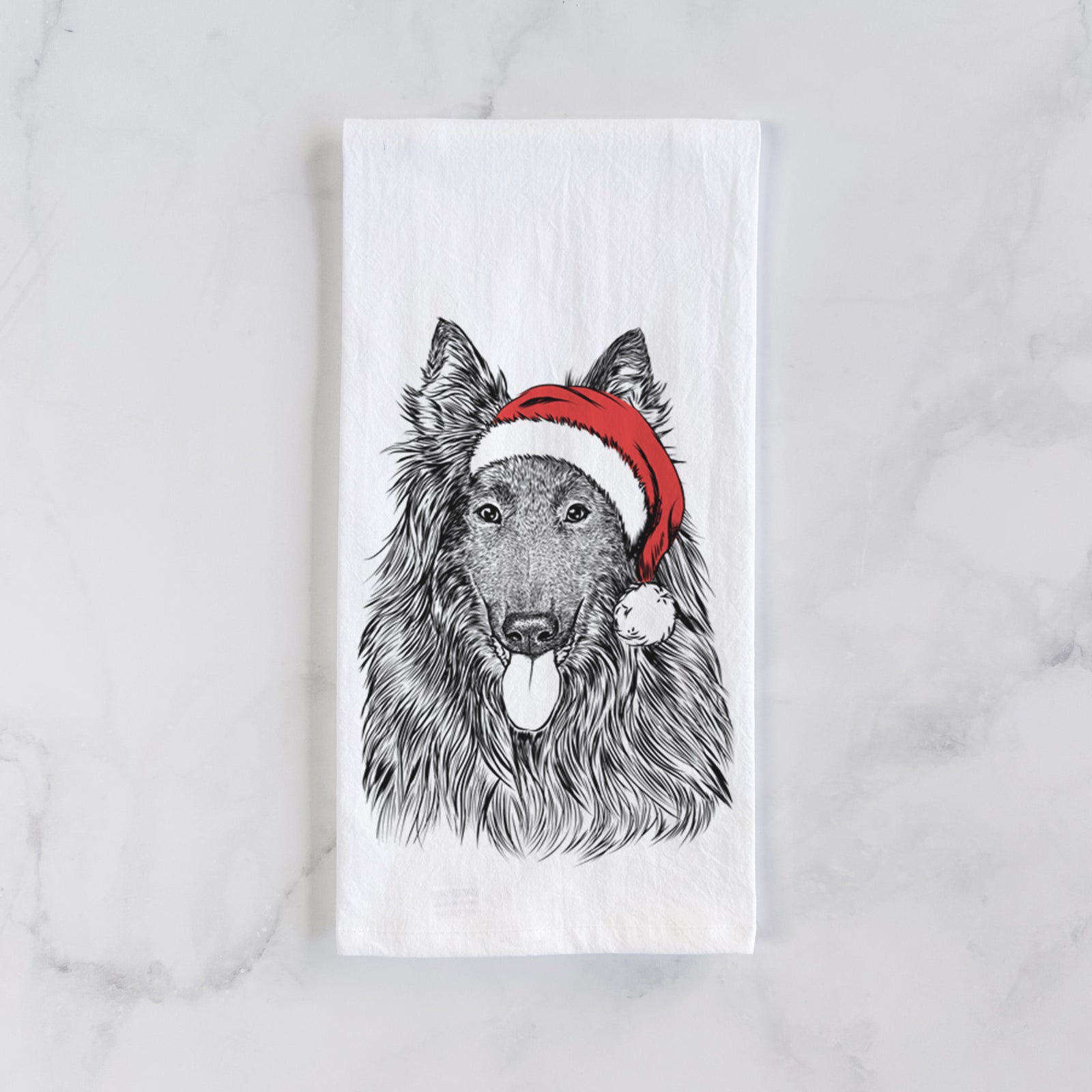 Hand-drawn sketch of Daan the Belgian Shepherd wearing a Santa hat on a tea towel