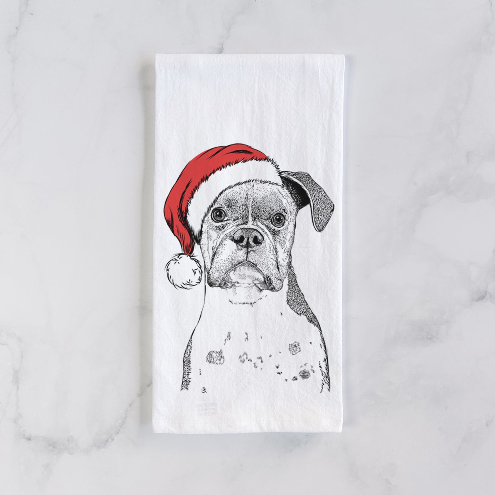 Hand-drawn sketch of Daisy the Boxer wearing a Santa hat on a tea towel