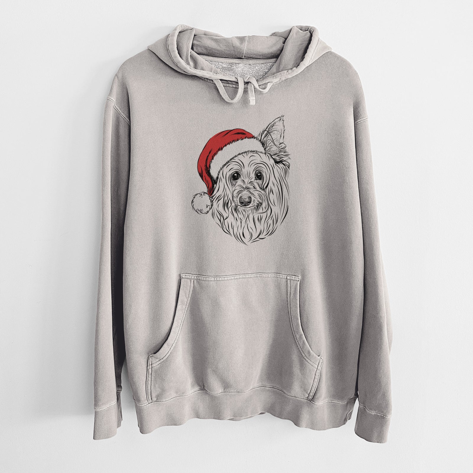 Hand-drawn sketch of Daisy May the Silky Terrier wearing a Santa hat on a Cement Unisex pigment dyed hoodie
