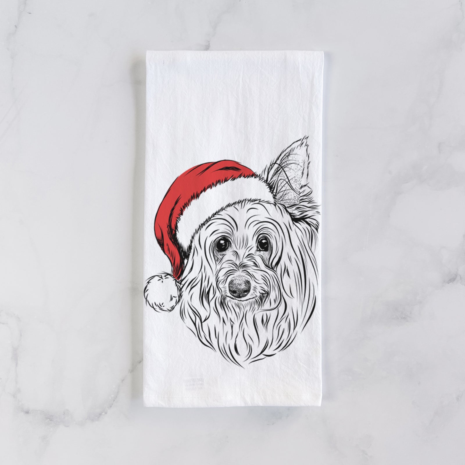 Hand-drawn sketch of Daisy May the Silky Terrier wearing a Santa hat on a tea towel