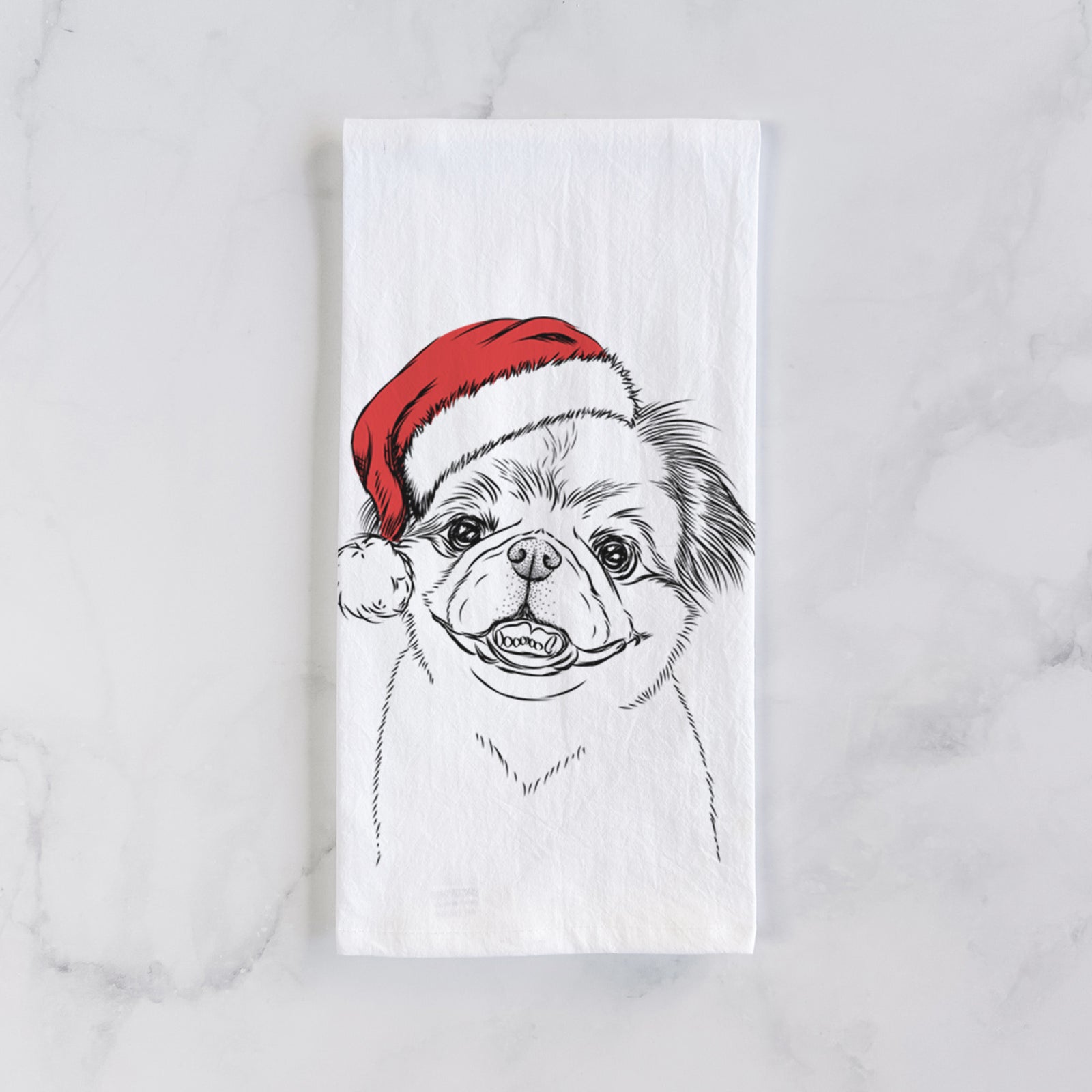 Hand-drawn sketch of Danny the Pekingese wearing a Santa hat on a tea towel