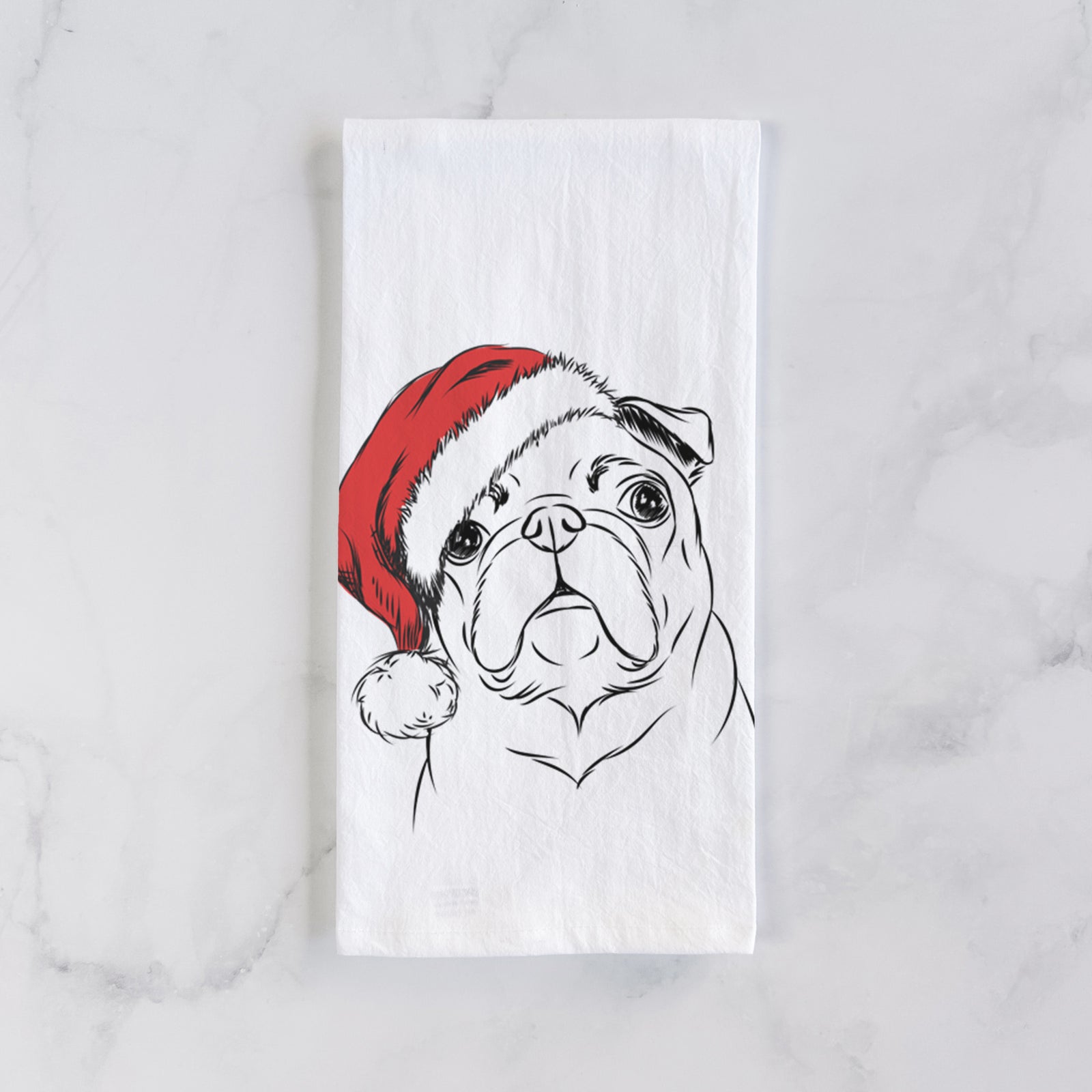 Hand-drawn sketch of Darling Chloe the Pug wearing a Santa hat on a tea towel