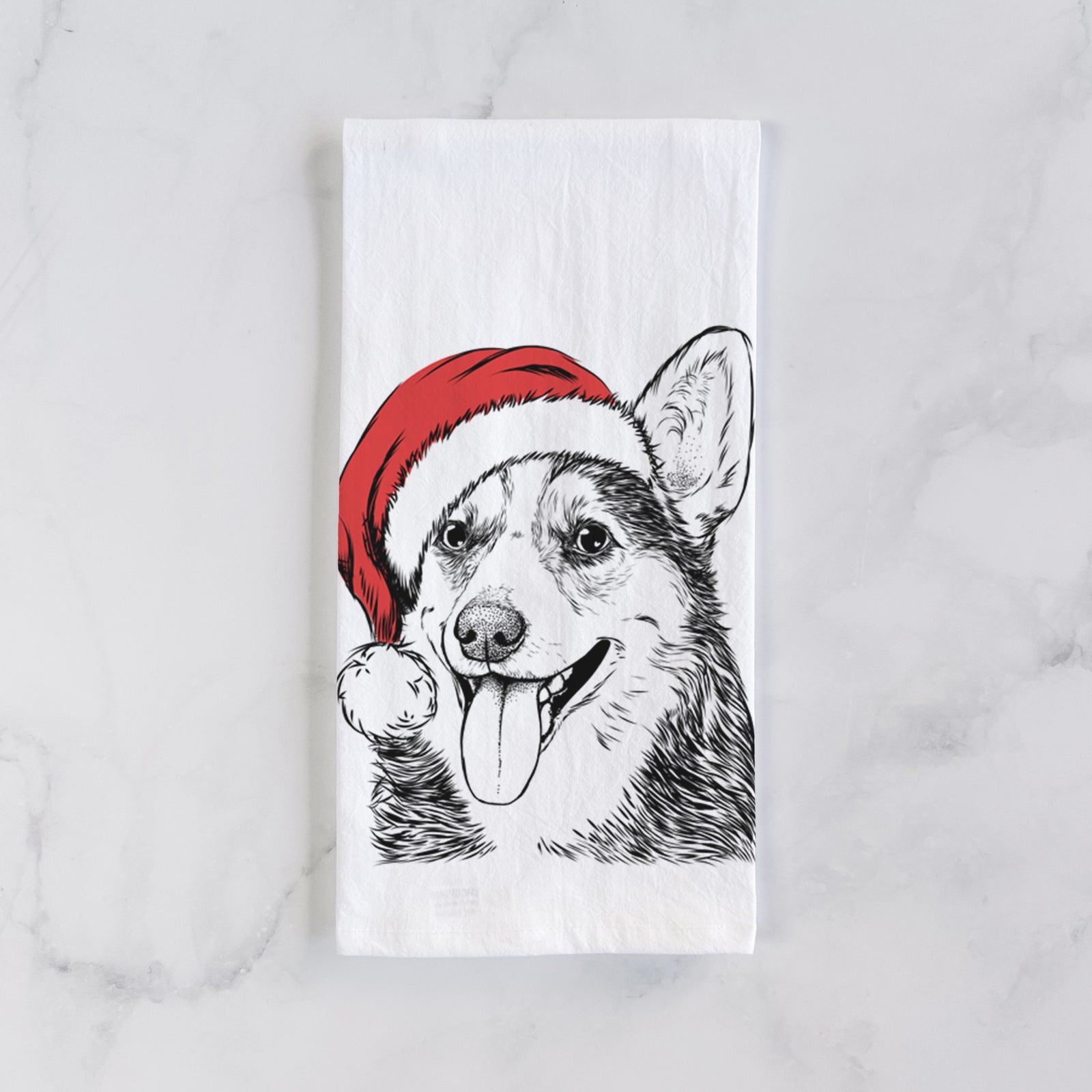 Hand-drawn sketch of Darma the Corgi wearing a Santa hat on a tea towel