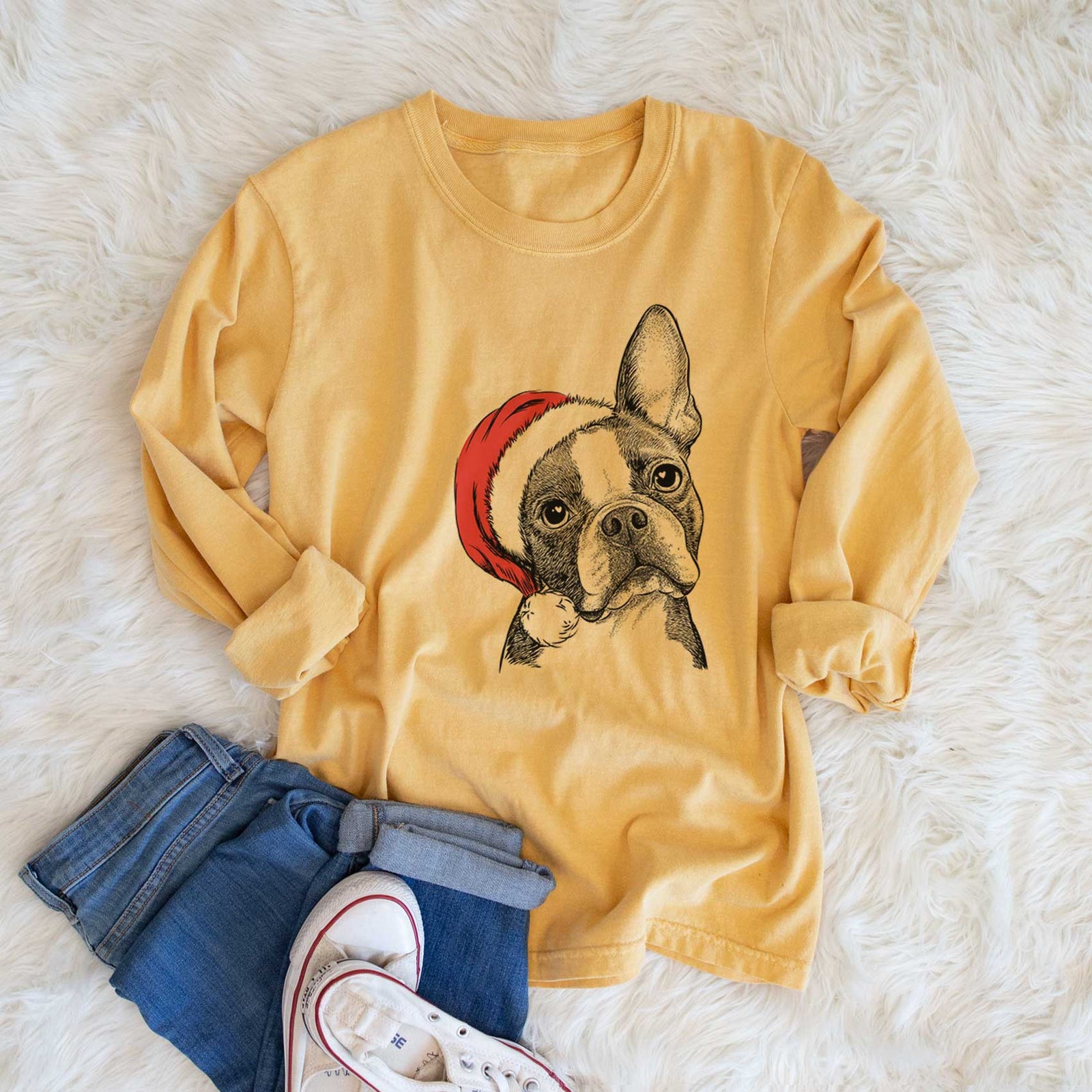 Santa Dee Dee the Boston Terrier - Men's Heavyweight 100% Cotton Long Sleeve