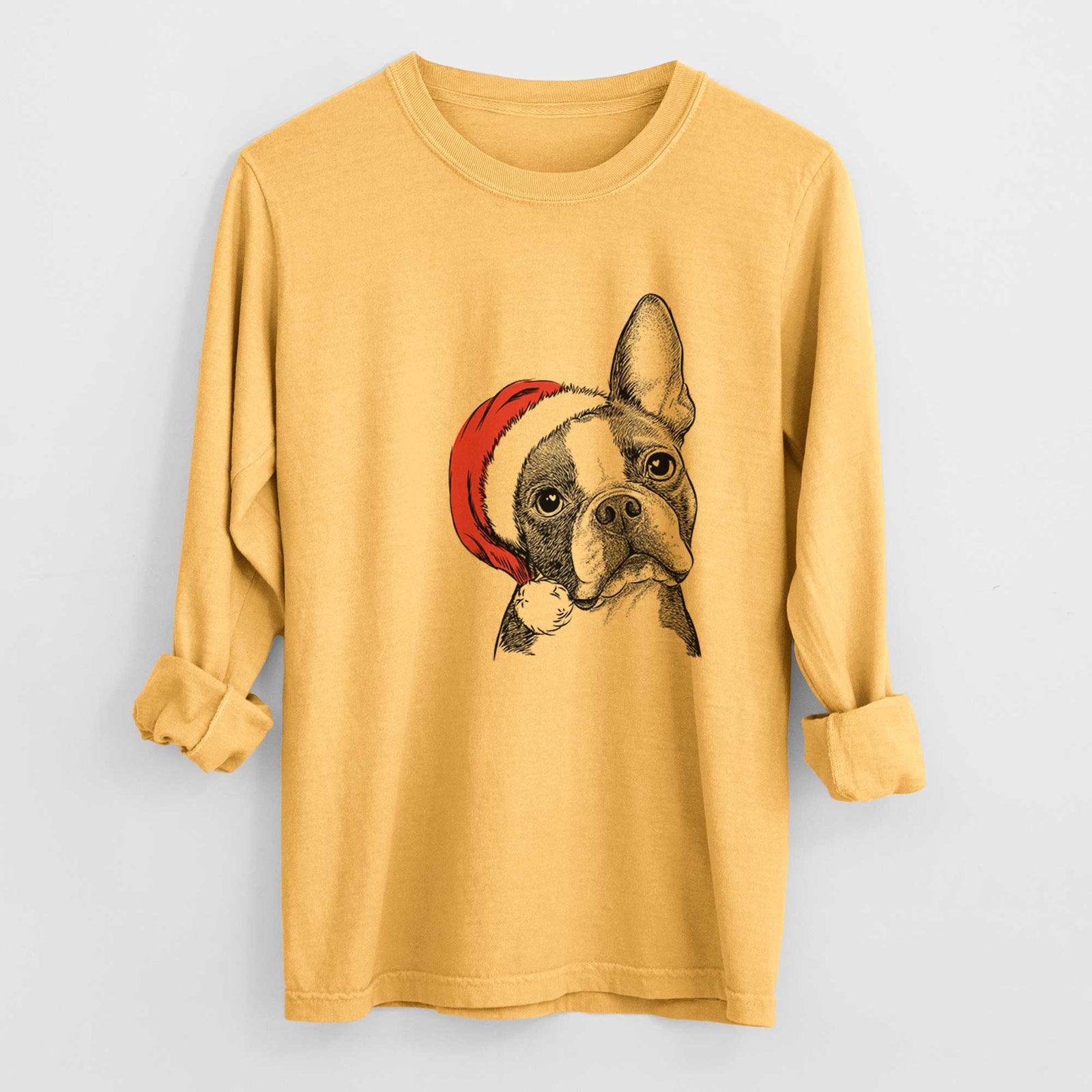 Santa Dee Dee the Boston Terrier - Men's Heavyweight 100% Cotton Long Sleeve