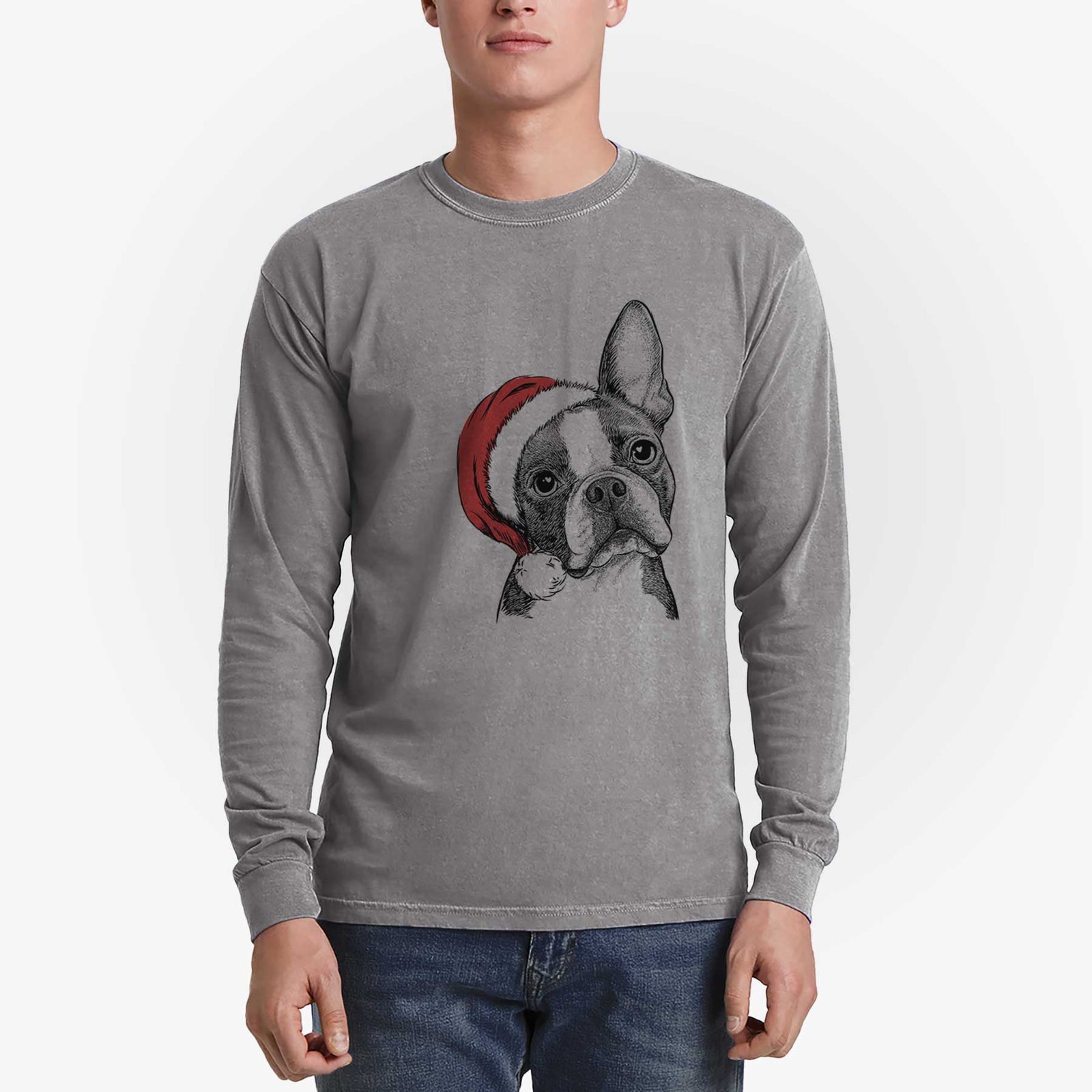 Santa Dee Dee the Boston Terrier - Men's Heavyweight 100% Cotton Long Sleeve