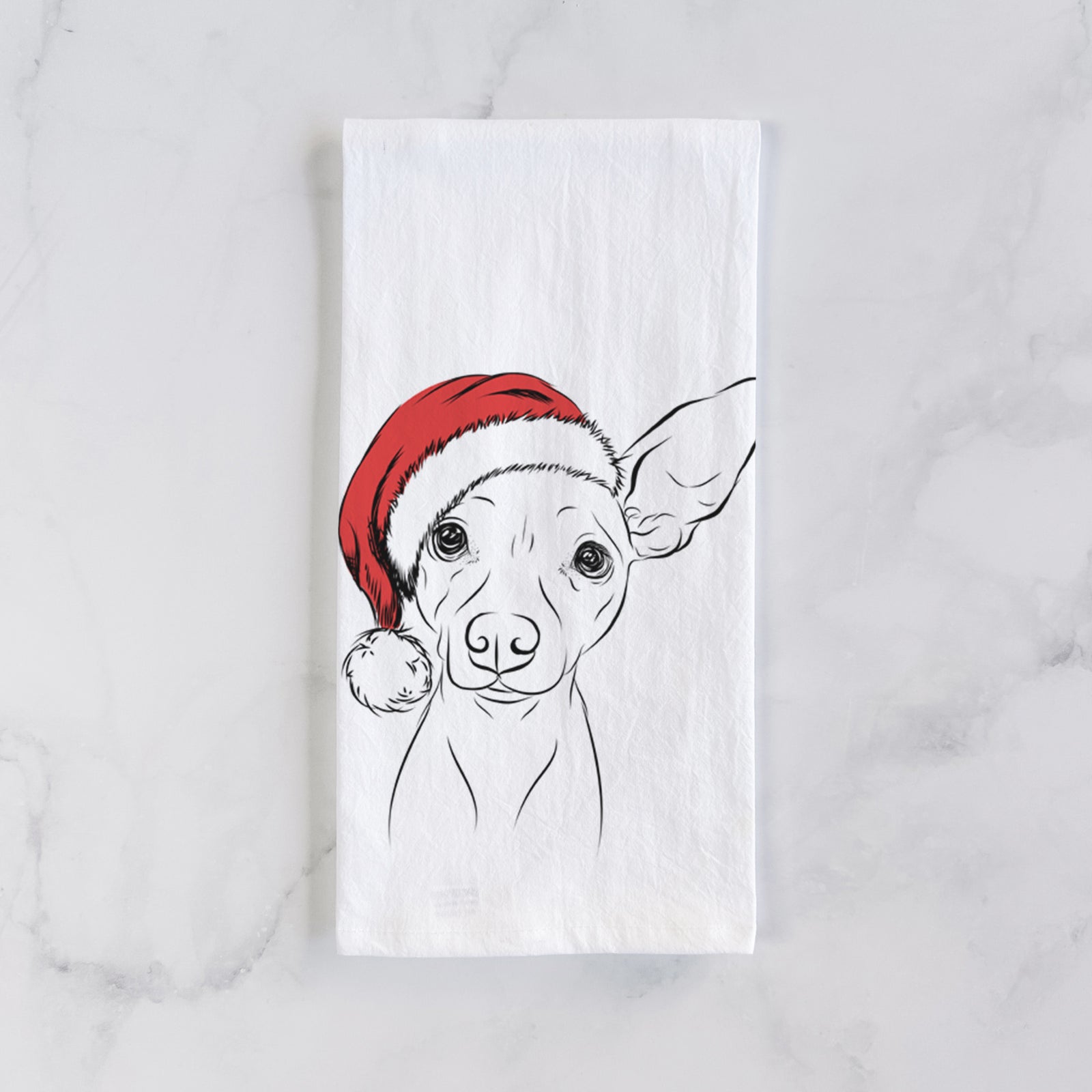 Hand-drawn sketch of Desi the American Hairless Terrier wearing a Santa hat on a tea towel