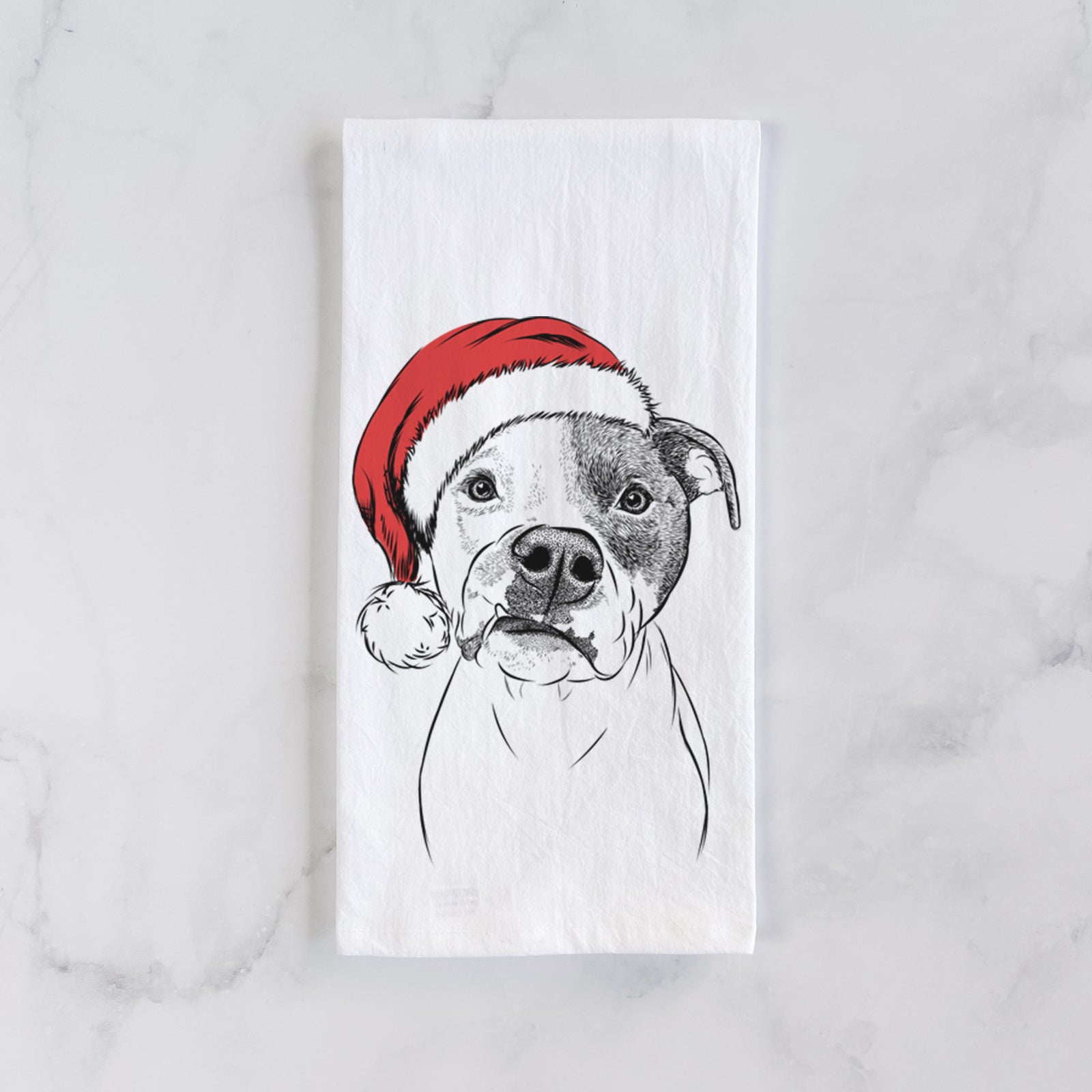 Hand-drawn sketch of Dexter the Pitbull wearing a Santa hat on a tea towel