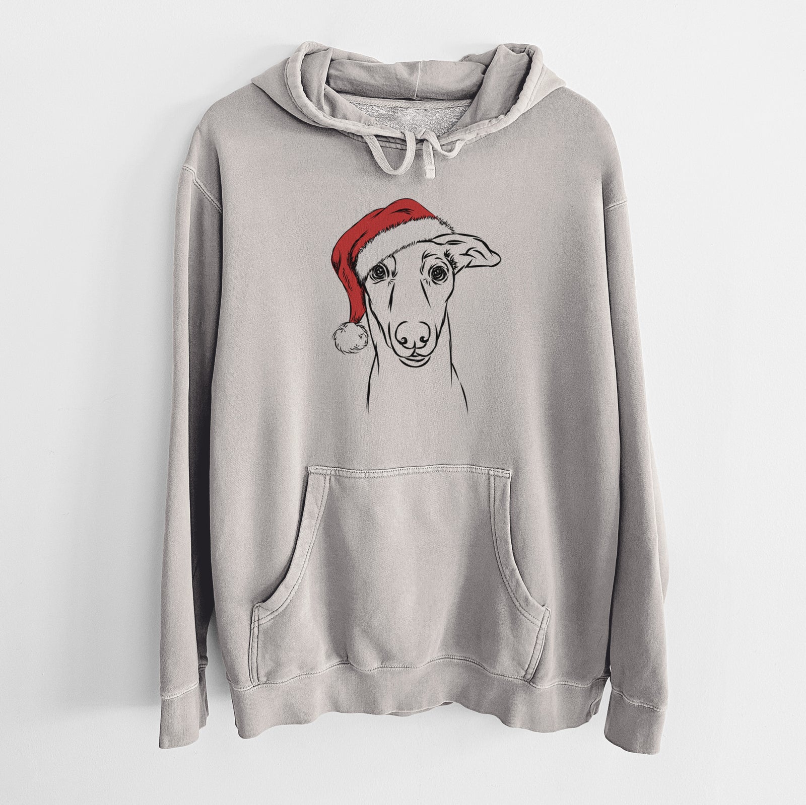 Hand-drawn sketch of Diva the Greyhound wearing a Santa hat on a Cement Unisex pigment dyed hoodie