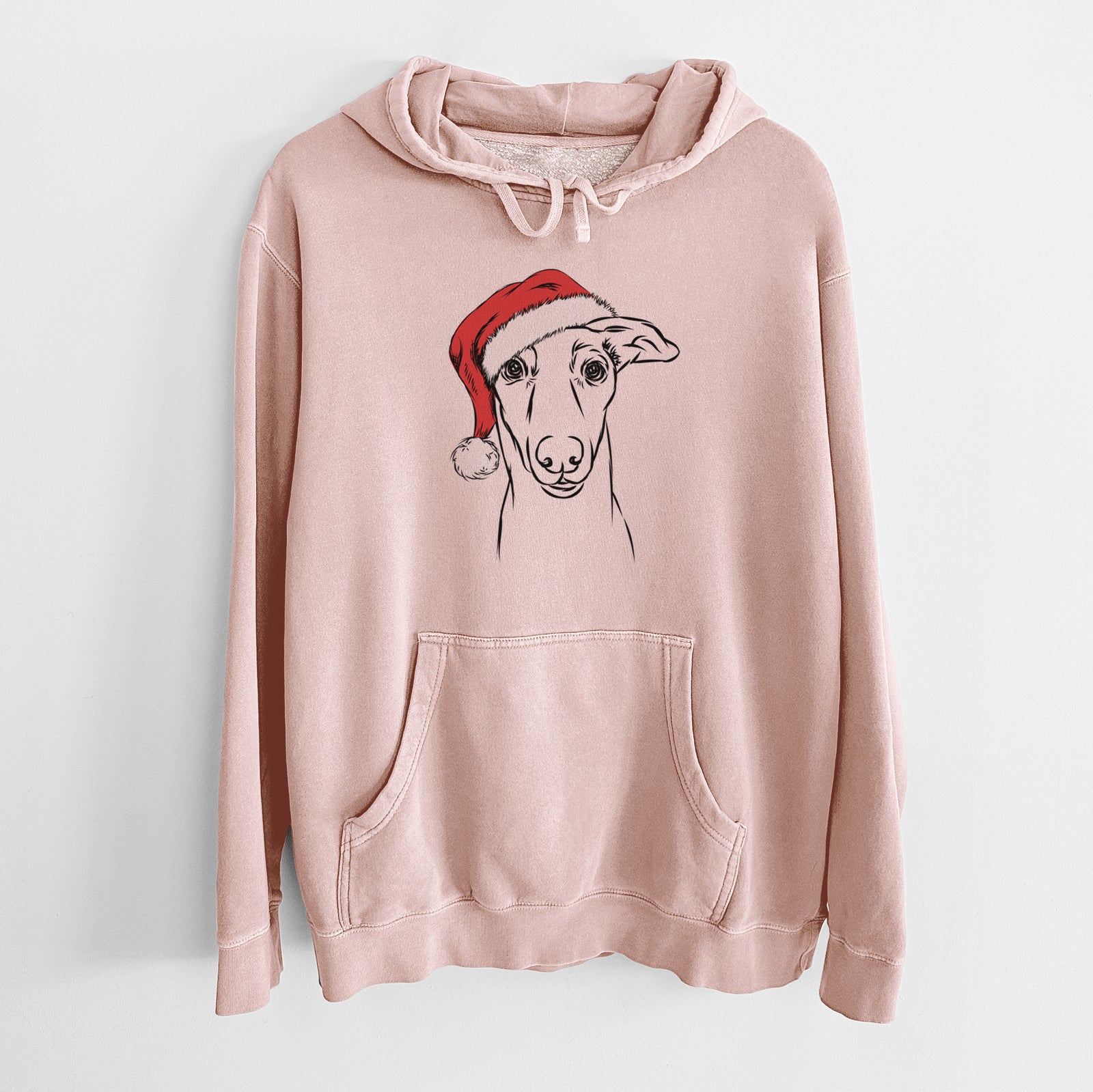 Hand-drawn sketch of Diva the Greyhound wearing a Santa hat on a Dusty Pink Unisex pigment dyed hoodie