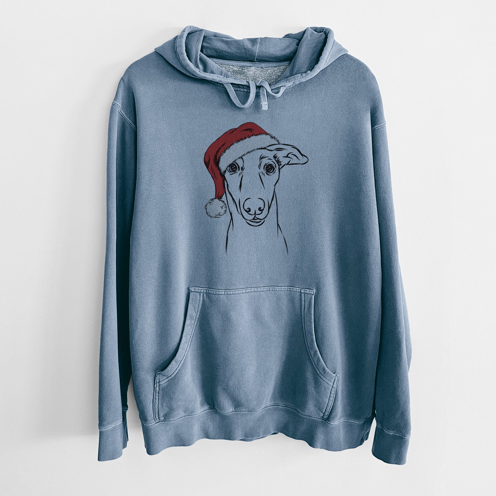 Hand-drawn sketch of Diva the Greyhound wearing a Santa hat on a Slate Blue Unisex pigment dyed hoodie