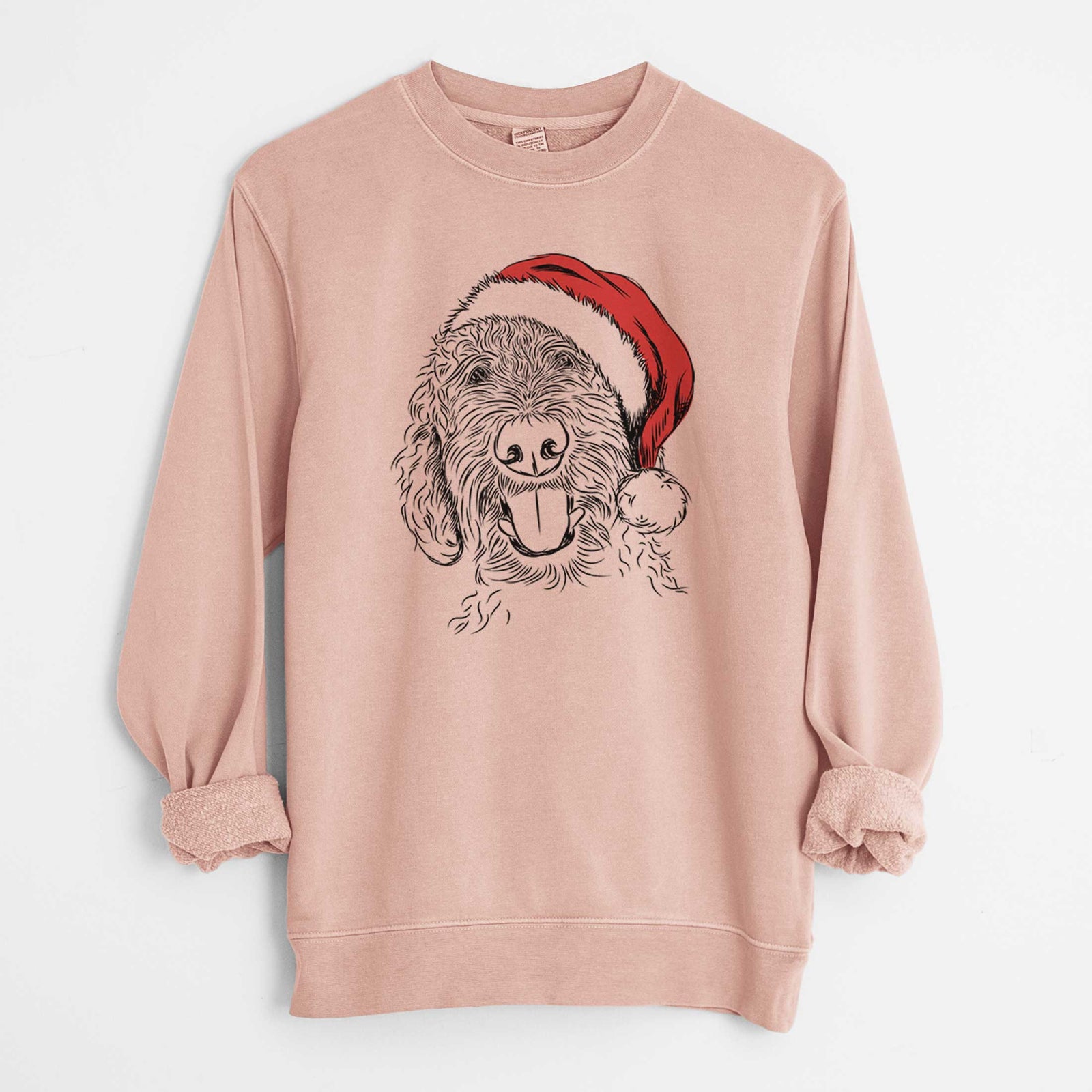 Hand-drawn sketch of Dixie the Doodle wearing a Santa hat on a Dusty Pink Unisex pigment dyed crew sweatshirt