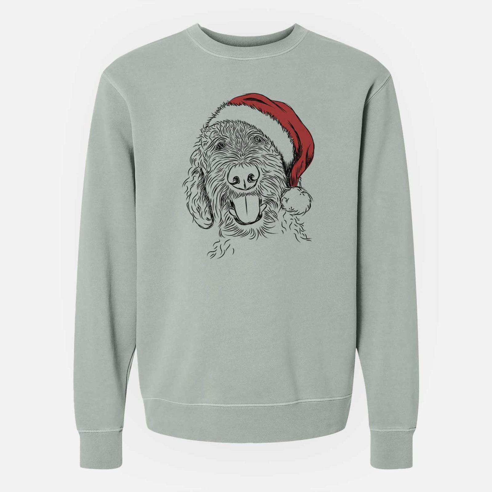 Hand-drawn sketch of Dixie the Doodle wearing a Santa hat on a Sage Unisex pigment dyed crew sweatshirt