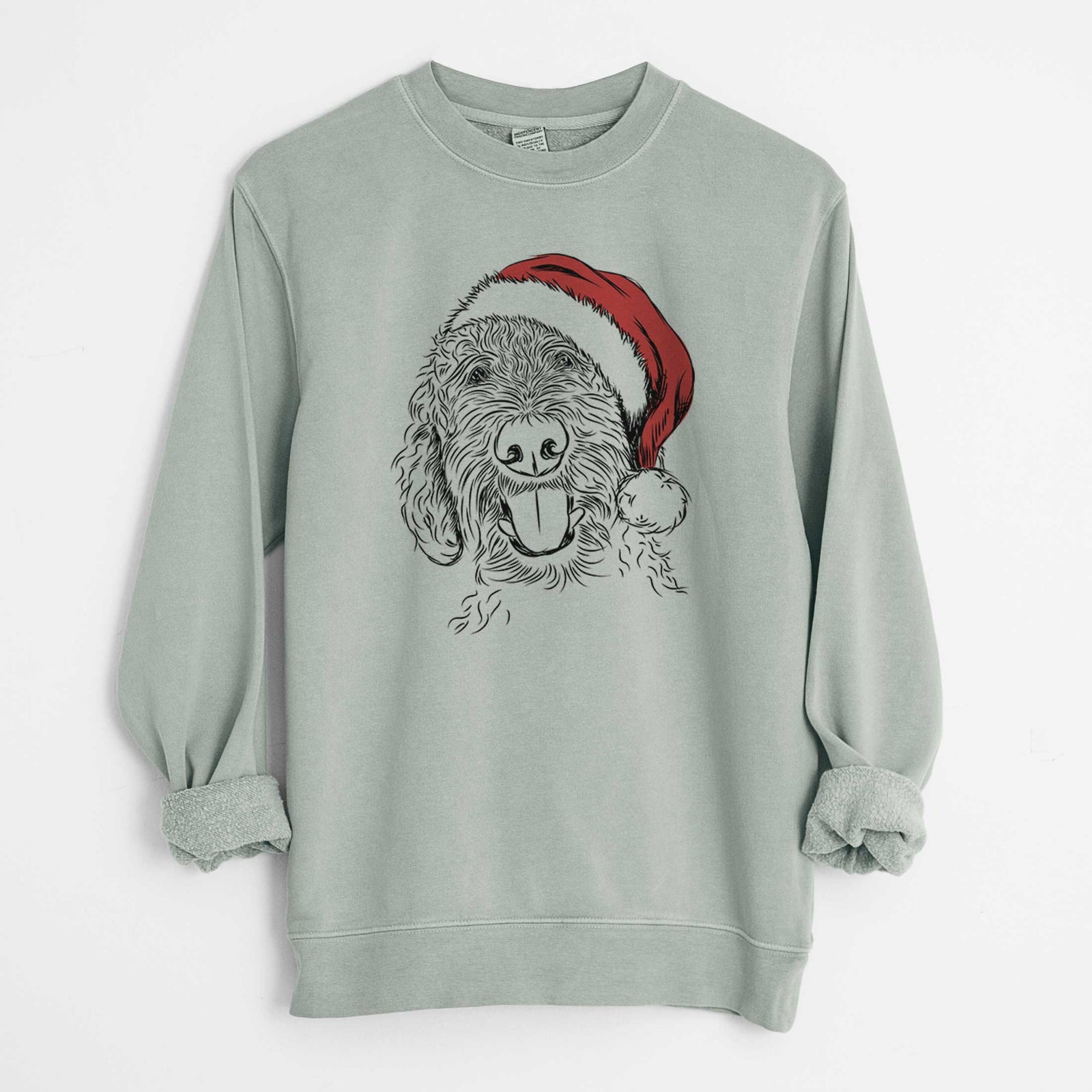 Hand-drawn sketch of Dixie the Doodle wearing a Santa hat on a Sage Unisex pigment dyed crew sweatshirt