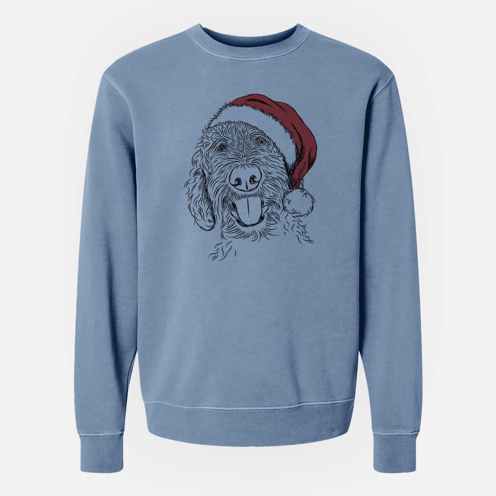 Hand-drawn sketch of Dixie the Doodle wearing a Santa hat on a Slate Blue Unisex pigment dyed crew sweatshirt