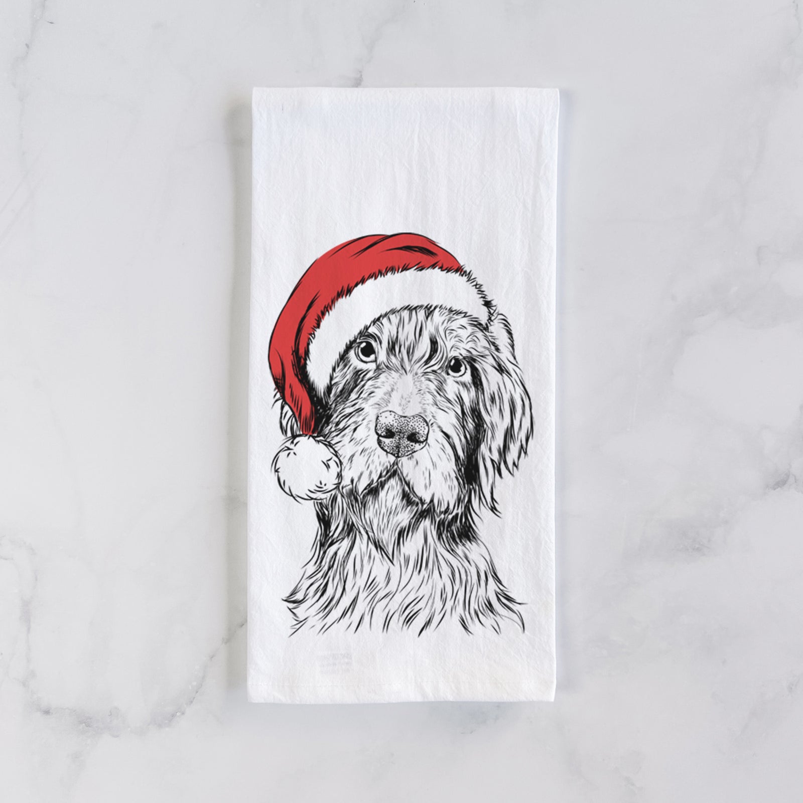 Hand-drawn sketch of Doc Holliday the Pudelpointer wearing a Santa hat on a tea towel