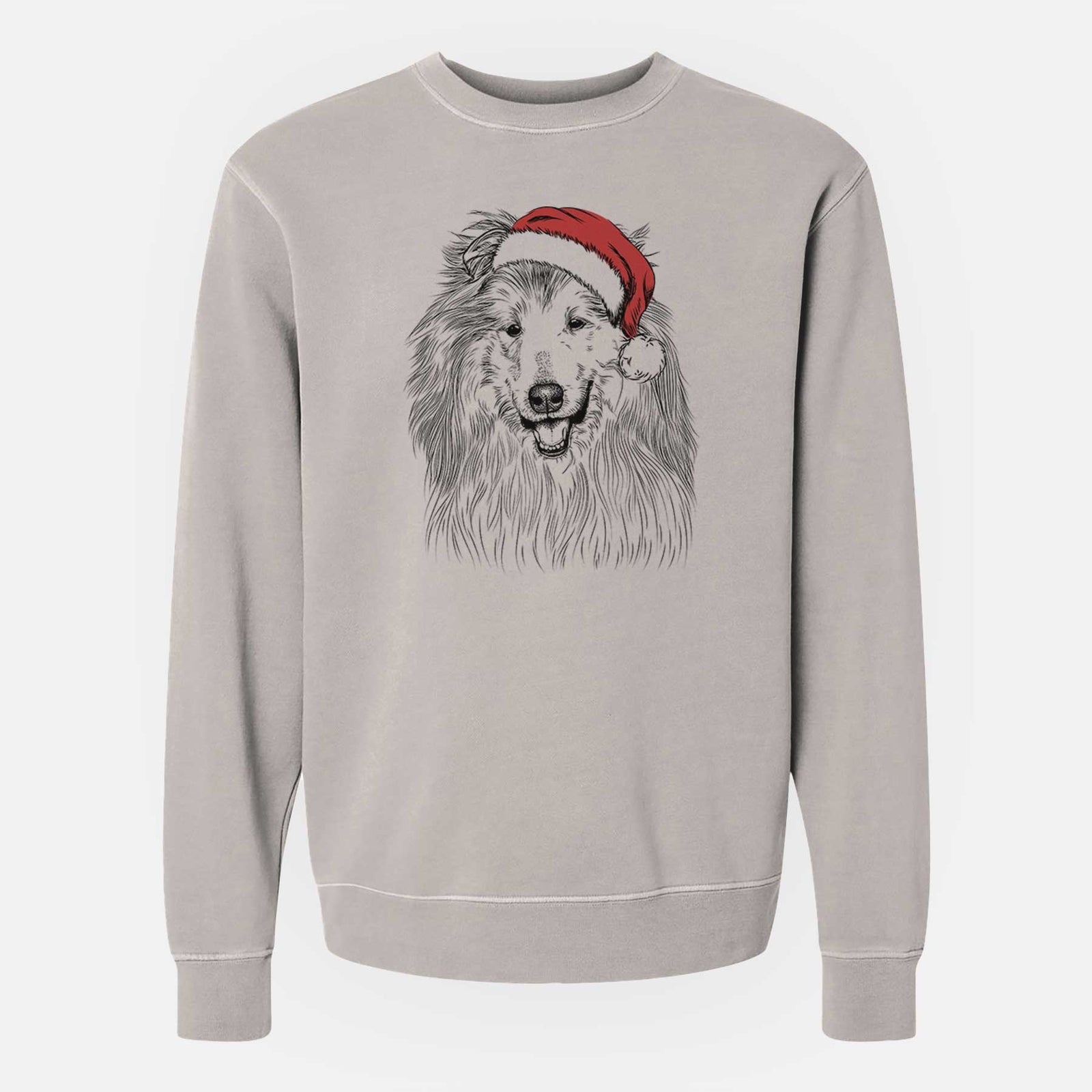 Hand-drawn sketch of Donnan the Rough Collie wearing a Santa hat on a Cement Unisex pigment dyed crew sweatshirt